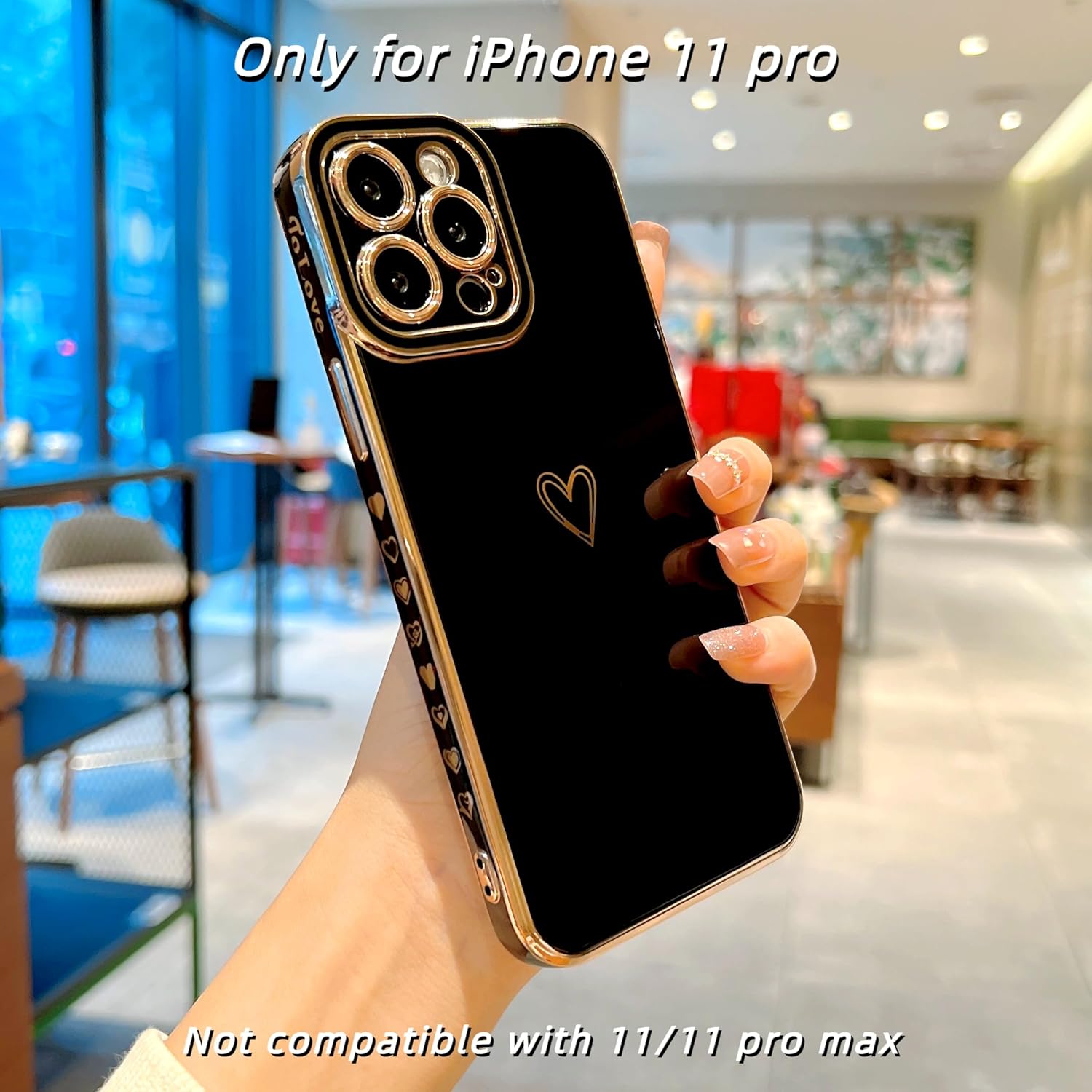 Funda compatible con iPhone 11 Pro para mujeres y niñas, diseño estético, lindo, de lujo, moderno, de corazón dorado, delgada, de silicona, a prueba