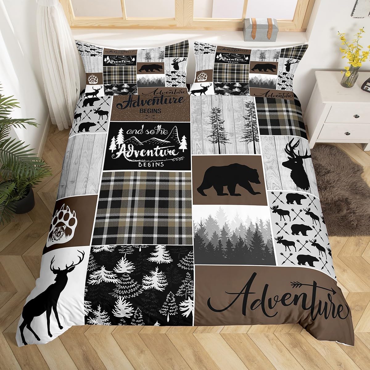 Funda de edredón de oso de caza, ciervo, juego de ropa de cama de retazos de cabaña rústica, tamaño Queen, funda de edredón a cuadros de búfalo,