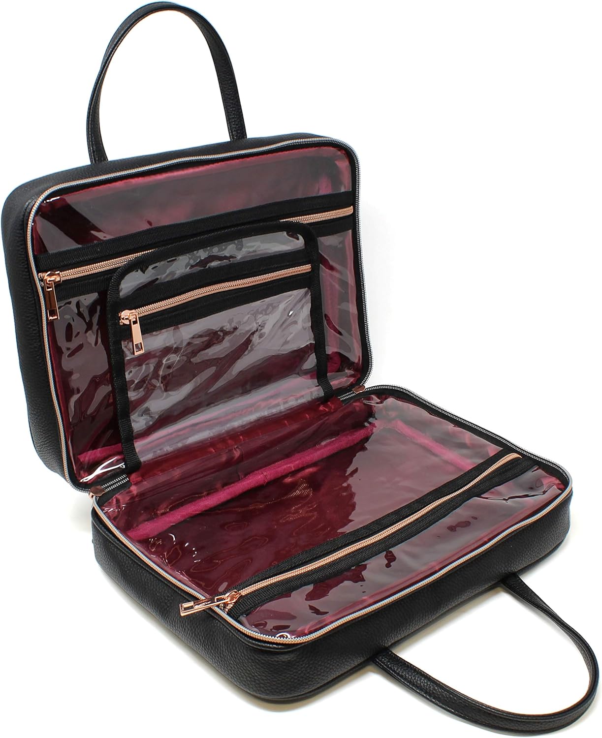 Neceser de viaje de cuero para mujer, tamaño cosmético grande con 4 bolsillos, herrajes de oro rosa e interior satinado, negro acolchado