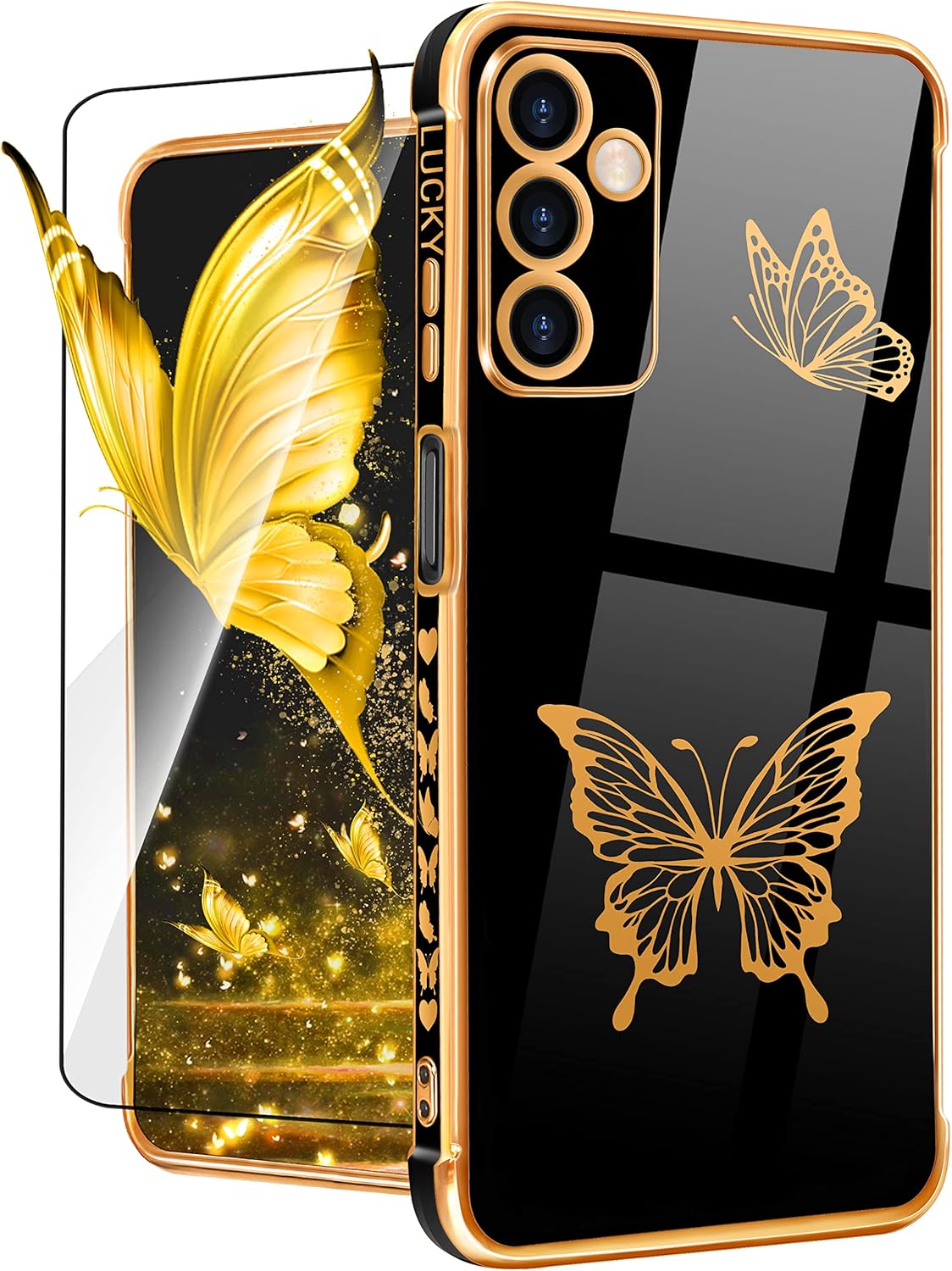Coralogo Funda para teléfono Samsung Galaxy A14 5G con diseño de mariposas para mujeres y niñas, diseño de mariposas chapado en negro y dorado con