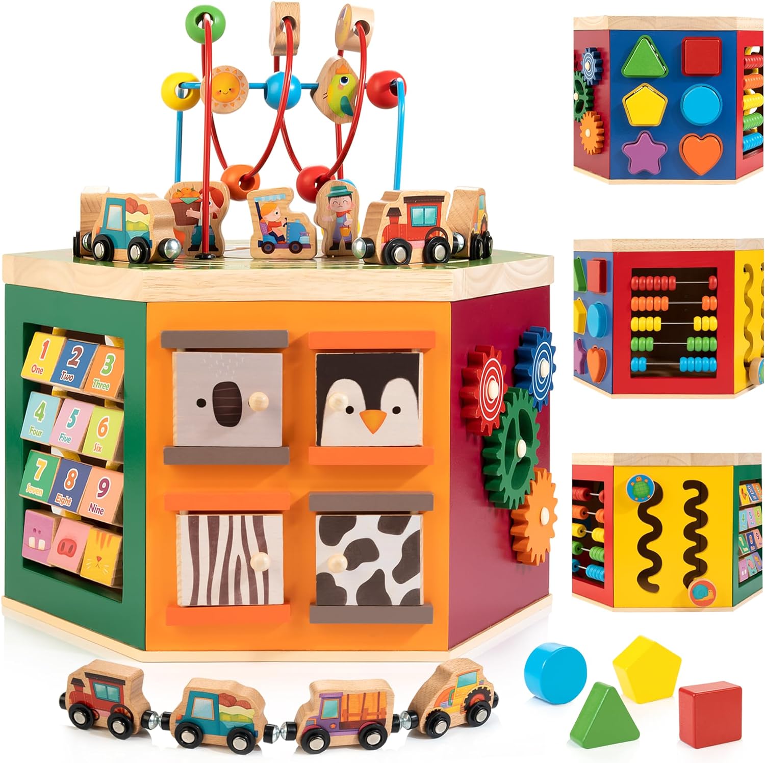 WOODMAM Cubo de actividades de animales de granja, juguetes Montessori de madera 9 en 1, regalo de primer cumpleaños de un año, juego de juguetes