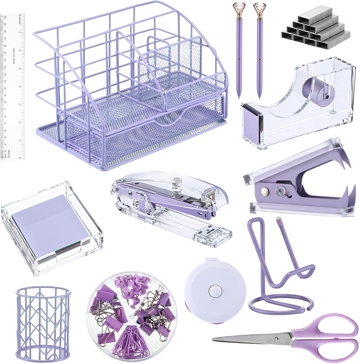 El kit de 14 accesorios de escritorio incluye grapadora, removedor de grapas, soporte para bolígrafos, caja de notas, organizador de malla metálica,