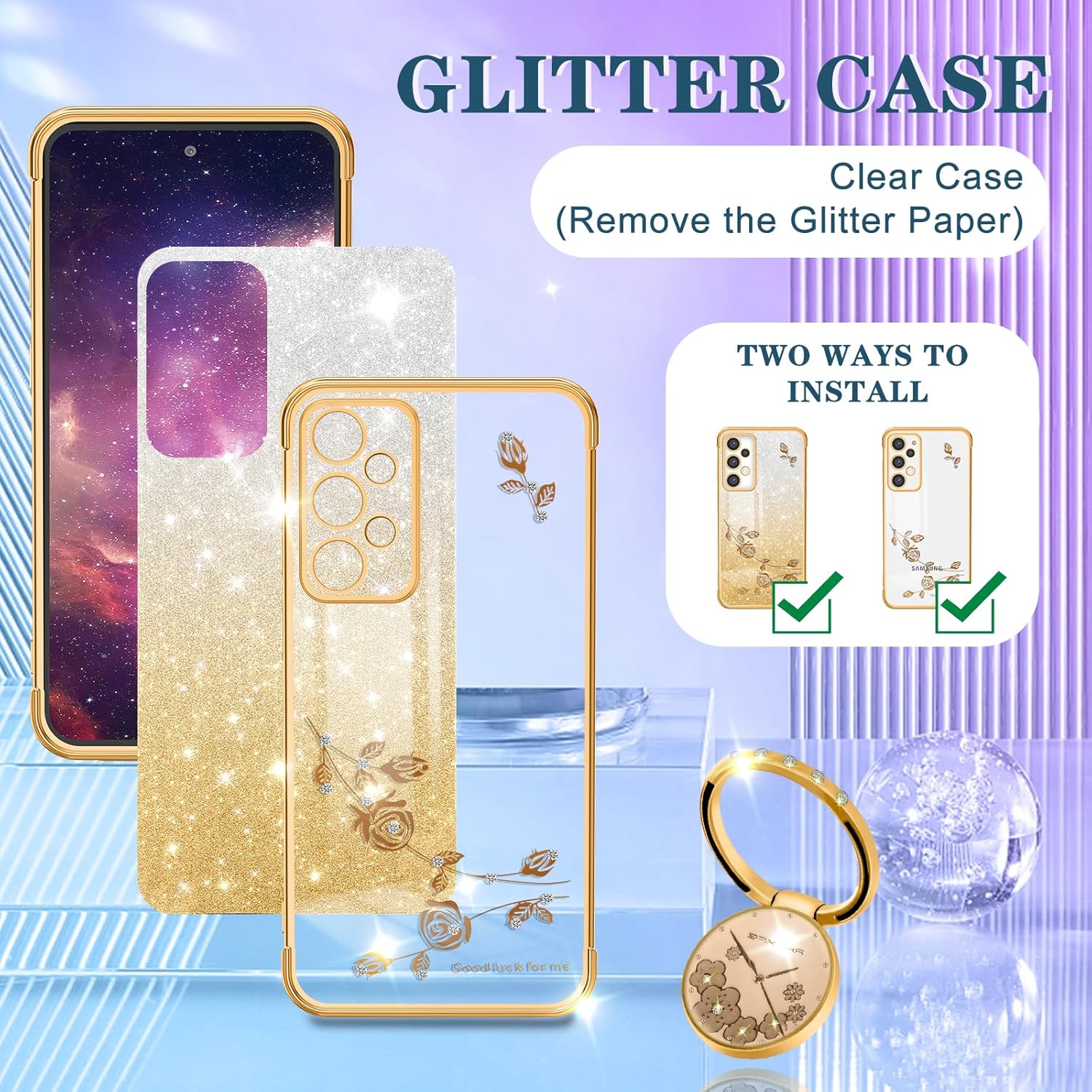 Coralogo (3 en 1 para Samsung Galaxy A53 5G – Funda para teléfono con purpurina brillante para mujeres y niñas, cubierta brillante con bonito diseño