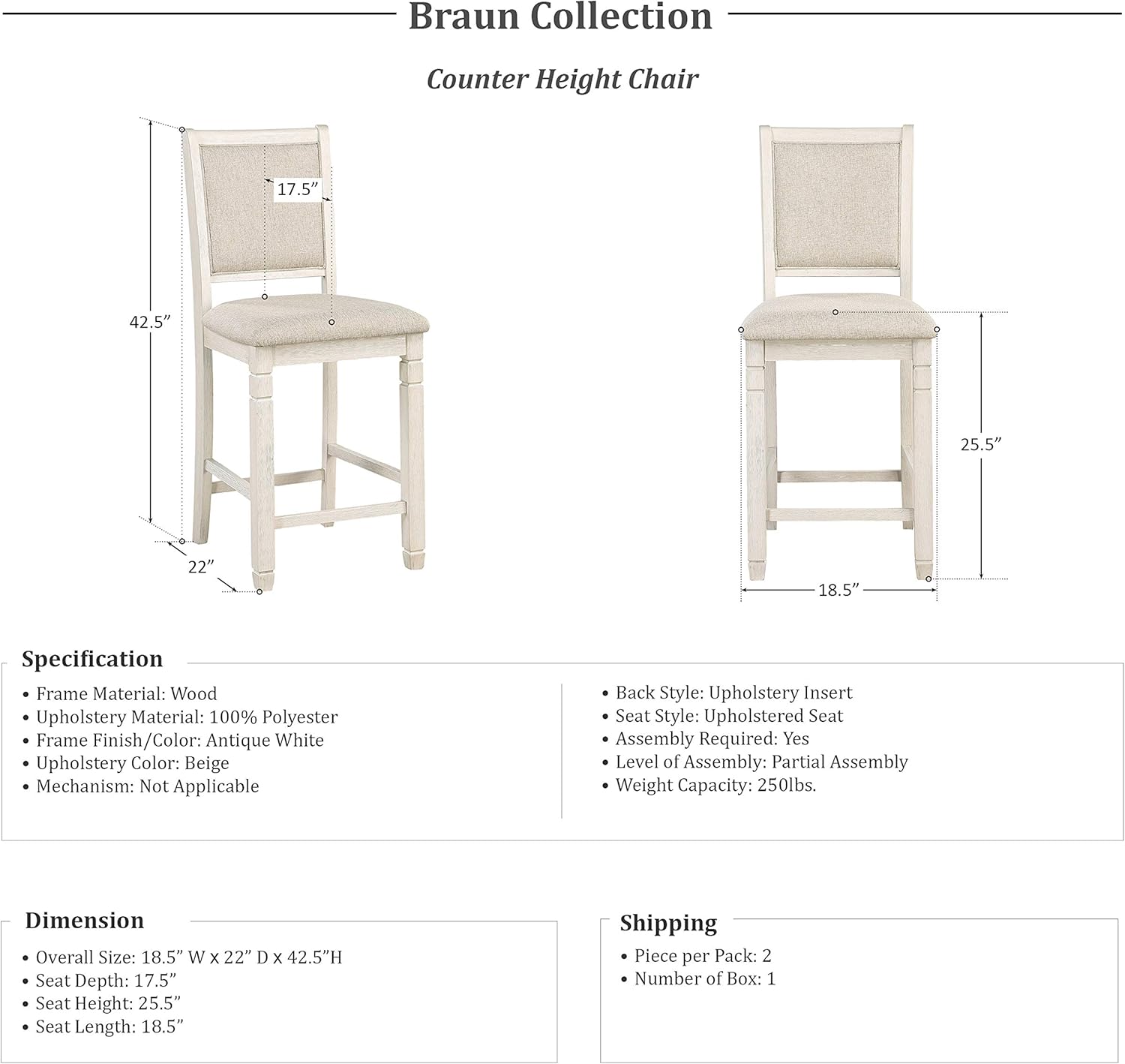 Lexicon Braun Silla de altura de mostrador (juego de 2), color blanco antiguo