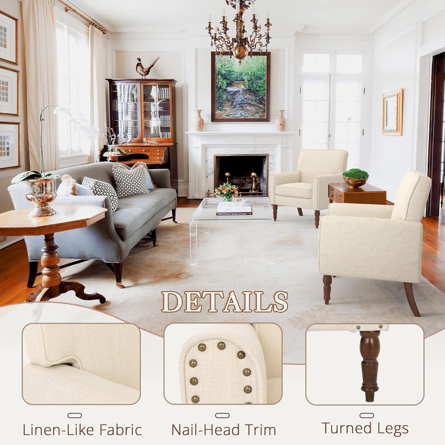 LUE BONA Sillas decorativas de tela de lino, sillas tapizadas beige para sala de estar con ribete de cabeza de clavo, acogedora silla con brazo para