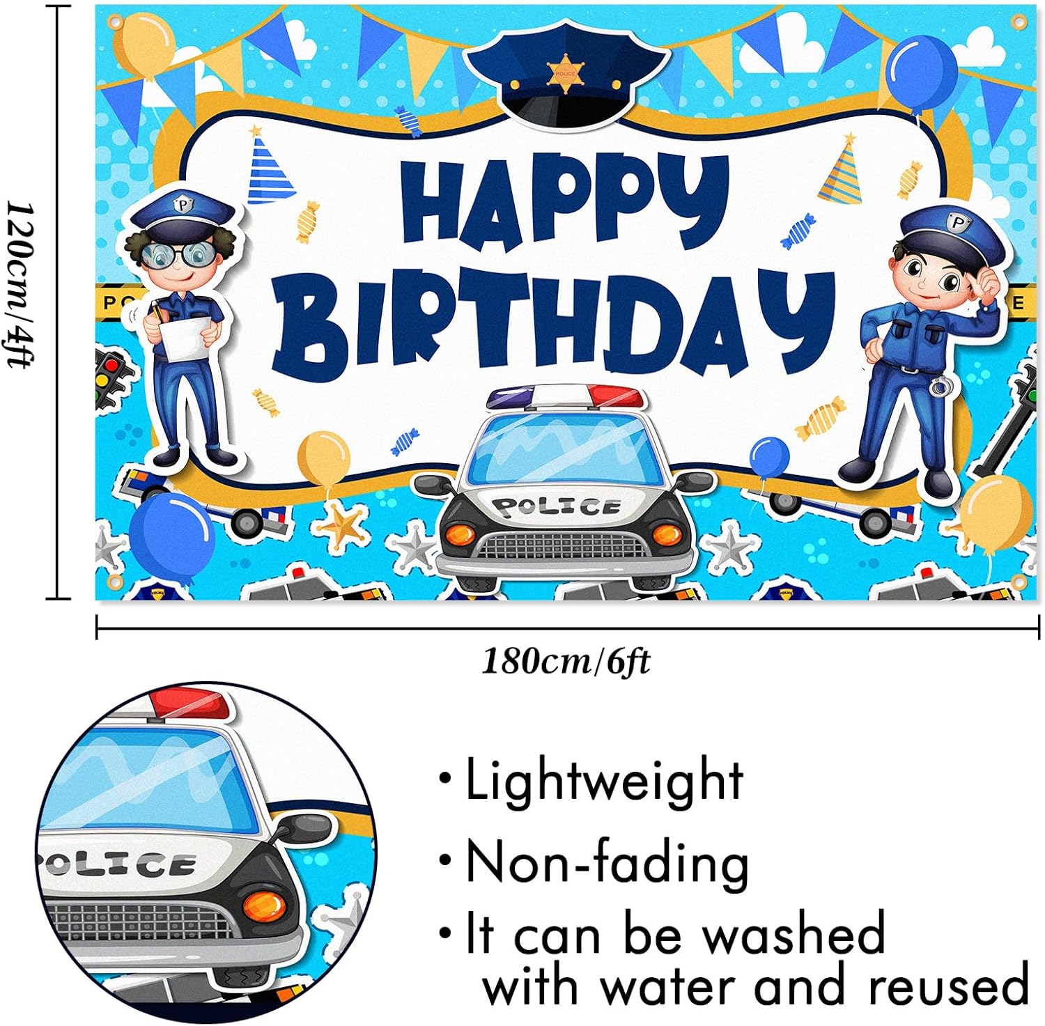 Cartel de fondo de policía con texto en inglés Happy Birthday de policía azul, para decoración de fiestas temáticas de cumpleaños, suministros de