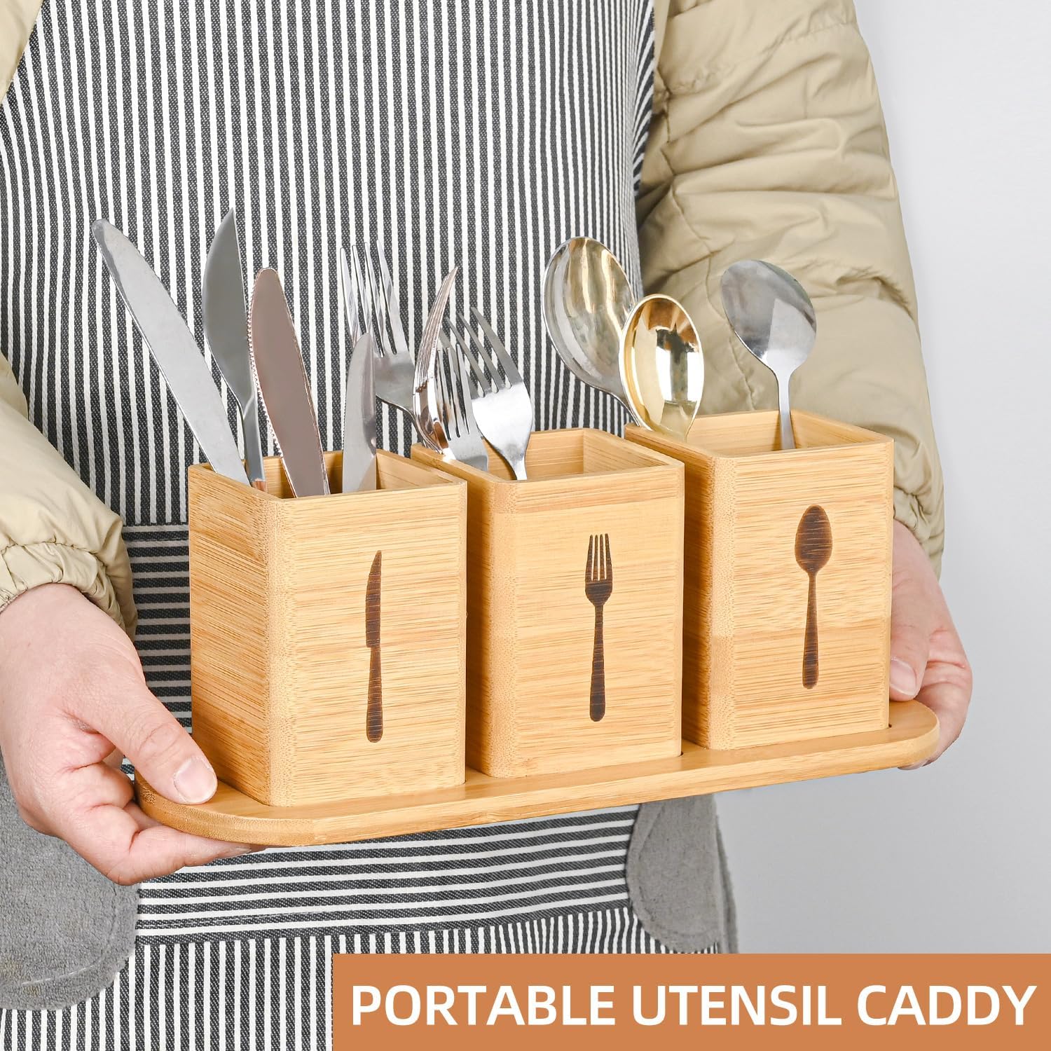 GEHE Silverware Caddy for Countertop, Natural Bamboo Utensil Caddy for Parties, Utensil Holder with 3 Compartment, Silverware Organizer Storage