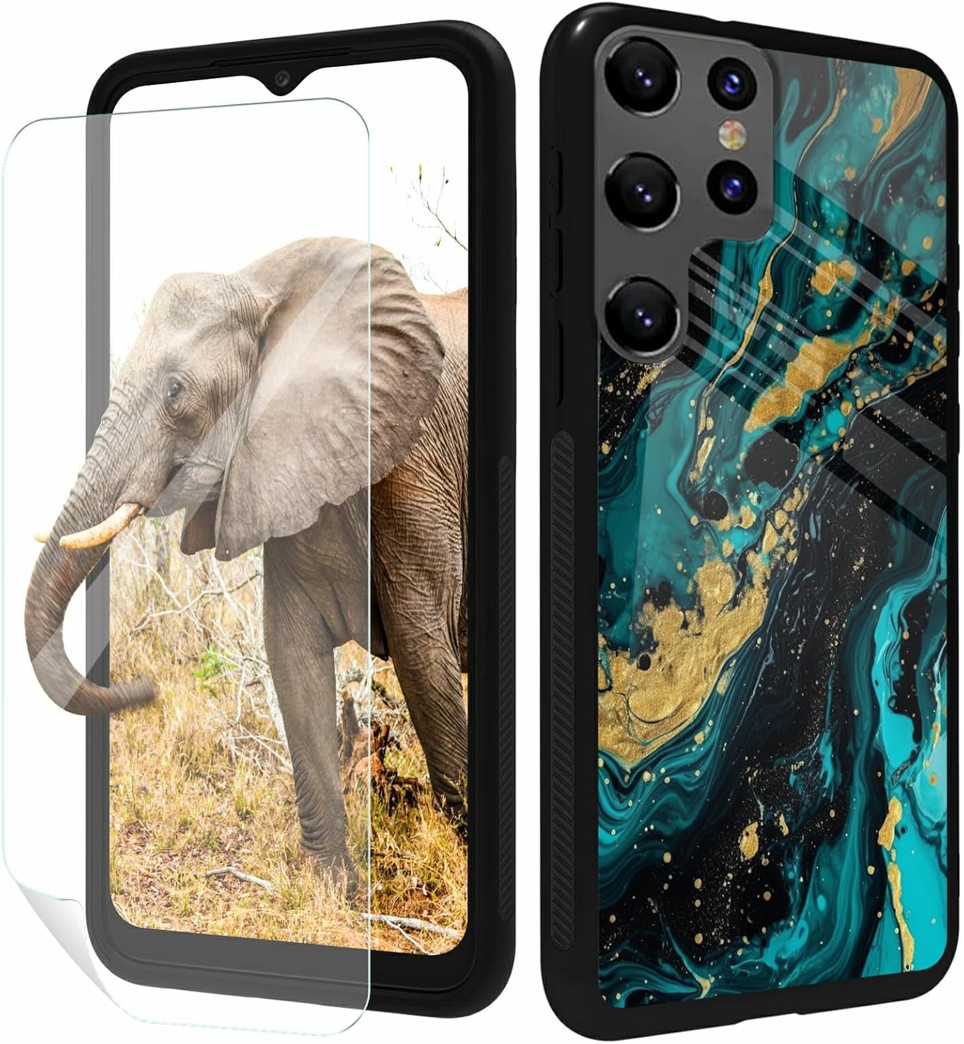 Funda para teléfono Samsung Galaxy S21 Ultra con protector de pantalla de vidrio templado delgado, cubierta negra, diseño elegante de mármol verde