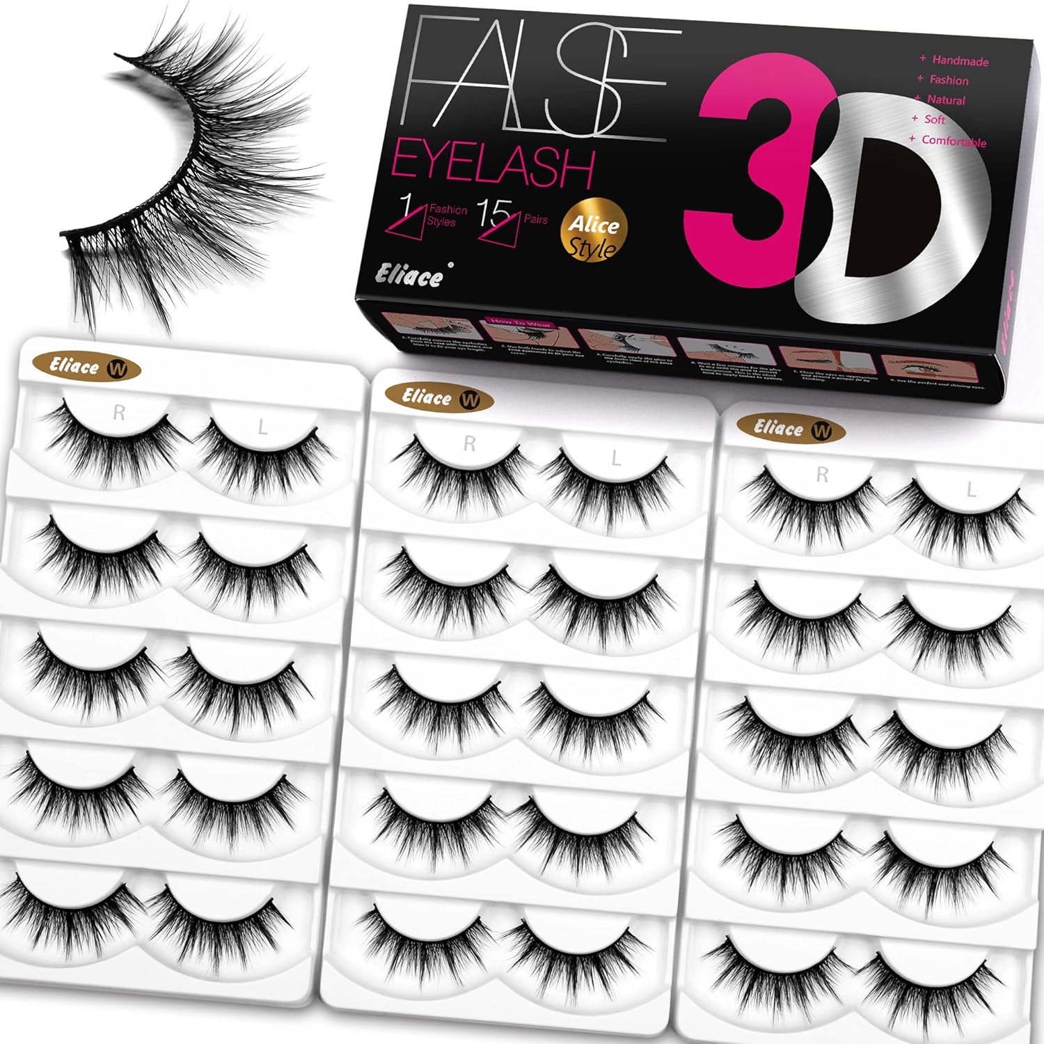 Eliace Pestañas postizas de aspecto natural, pestañas de ojo de gato, tiras finas, pestañas postizas de visón 3D, pestañas postizas de volumen