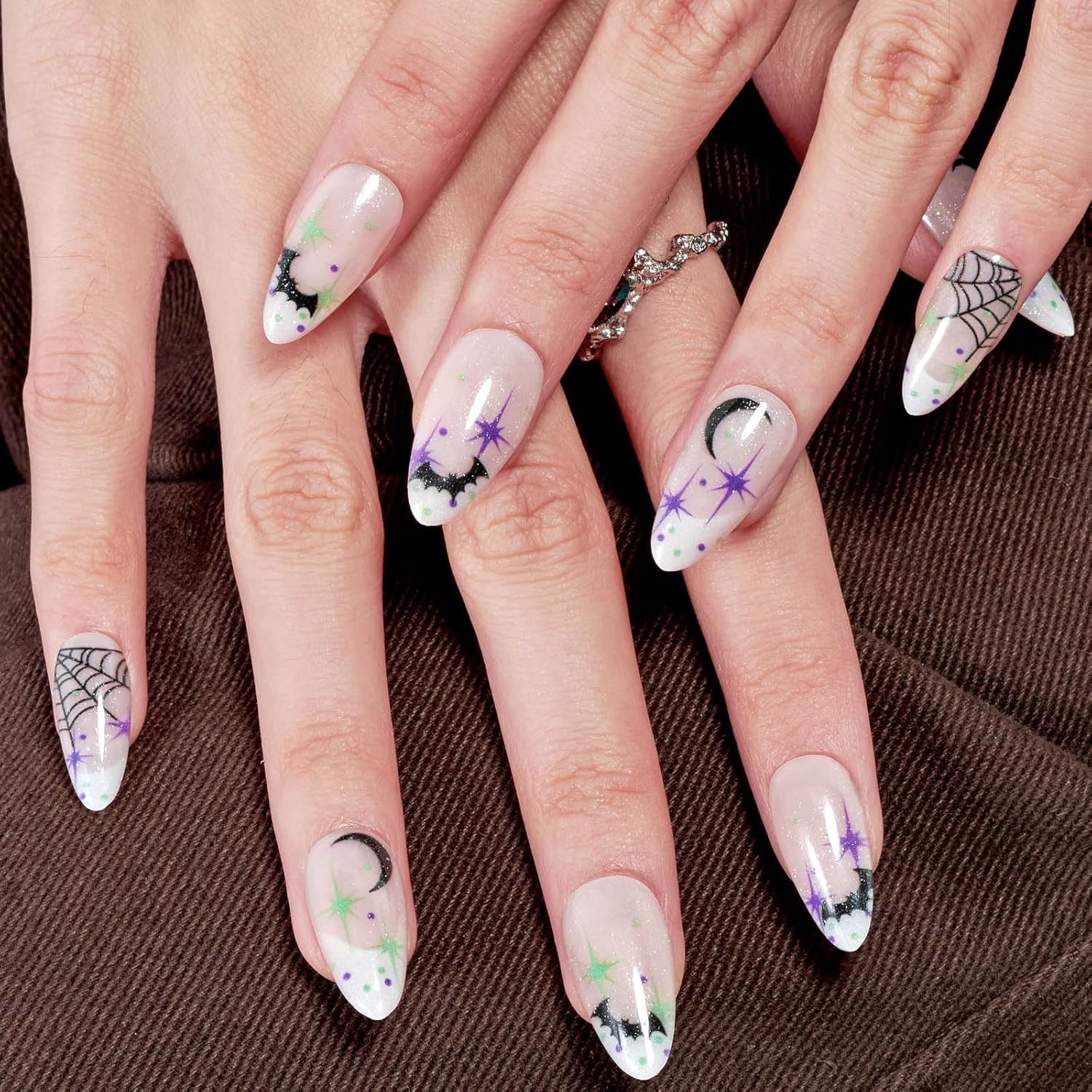 GLAMERMAID Uñas postizas a presión de almendra, uñas postizas de gel con diseño gótico, 24 uñas adhesivas, uñas acrílicas reutilizables, juego de