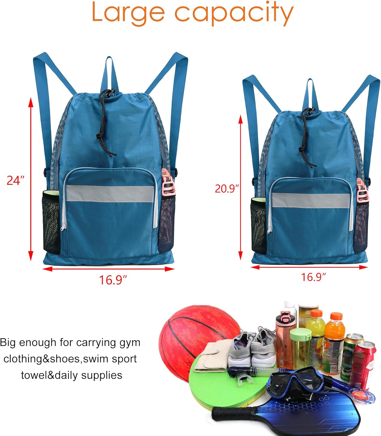 BeeGreen Mochila de gimnasio con cordón y bolsillo con cremallera, bolsa de natación para hombres y mujeres, bolsa de natación con cordón, bolsa