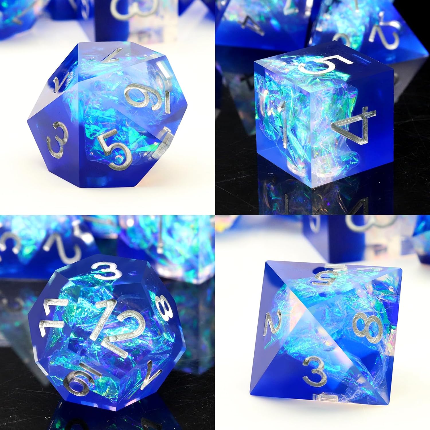 DND – Juego de dados con bordes afilados, 7 piezas de dados DND de resina transparente azul, dados poliédricos D&D con estuche de dados para juegos