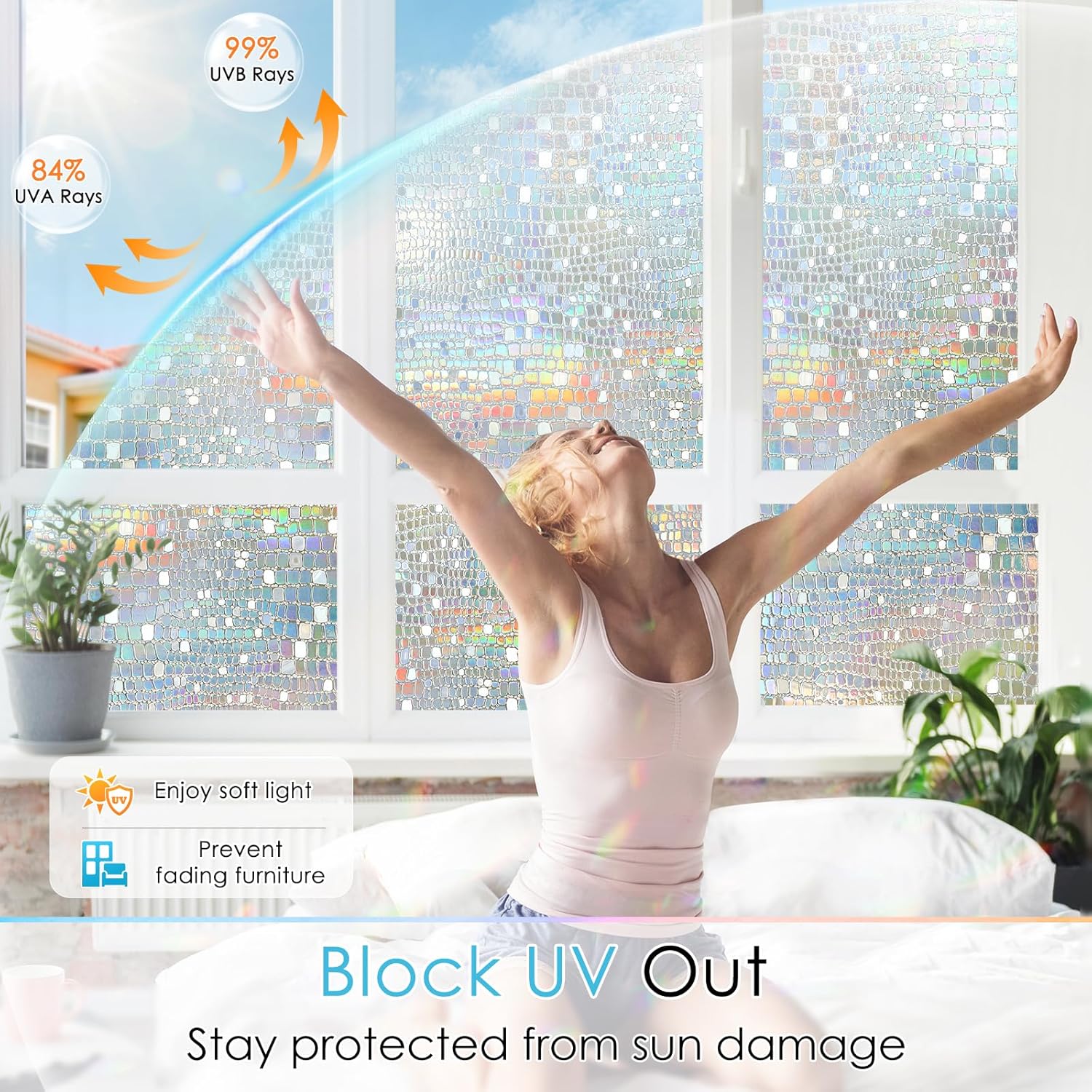 rabbitgoo Película decorativa de privacidad para ventana, diseño de arco iris, adhesivo 3D para ventana, bloqueo solar anti-UV, control de calor,
