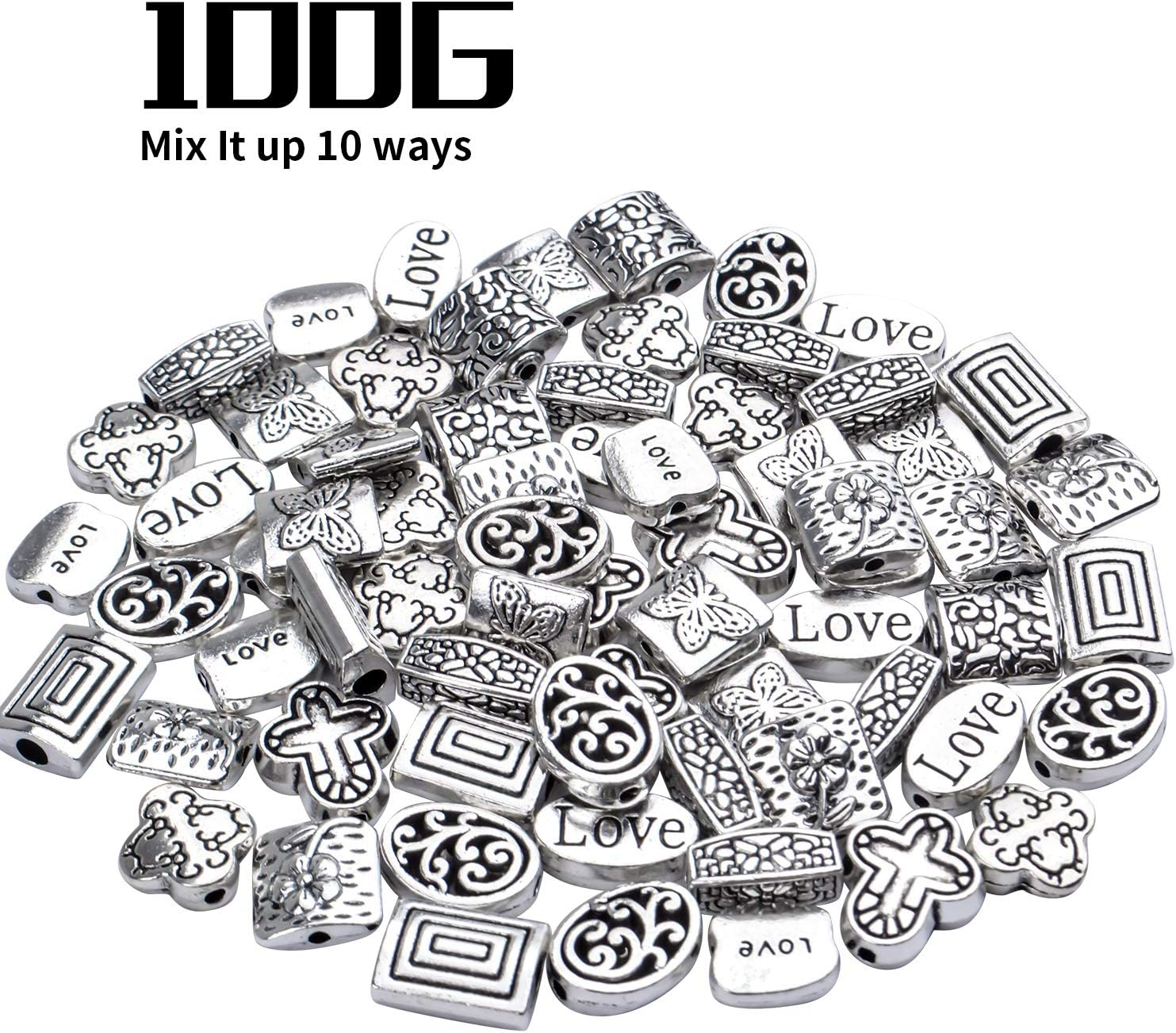 3.53oz (alrededor de 70 a 120 piezas) cuentas espaciadoras de plata antigua, mezcladas pequeñas cuentas tibetanas sueltas para hacer pulseras,