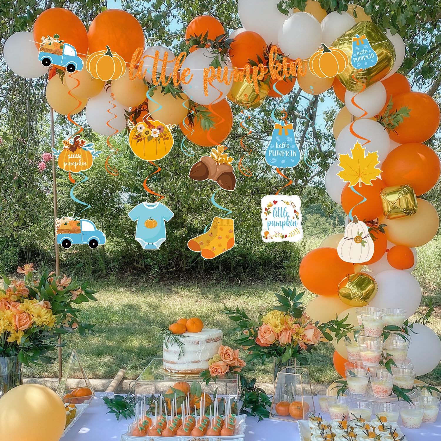 Gameza Decoraciones de otoño para baby shower, 15 unidades, decoración azul de Acción de Gracias, pancarta de calabaza pequeña, decoración de