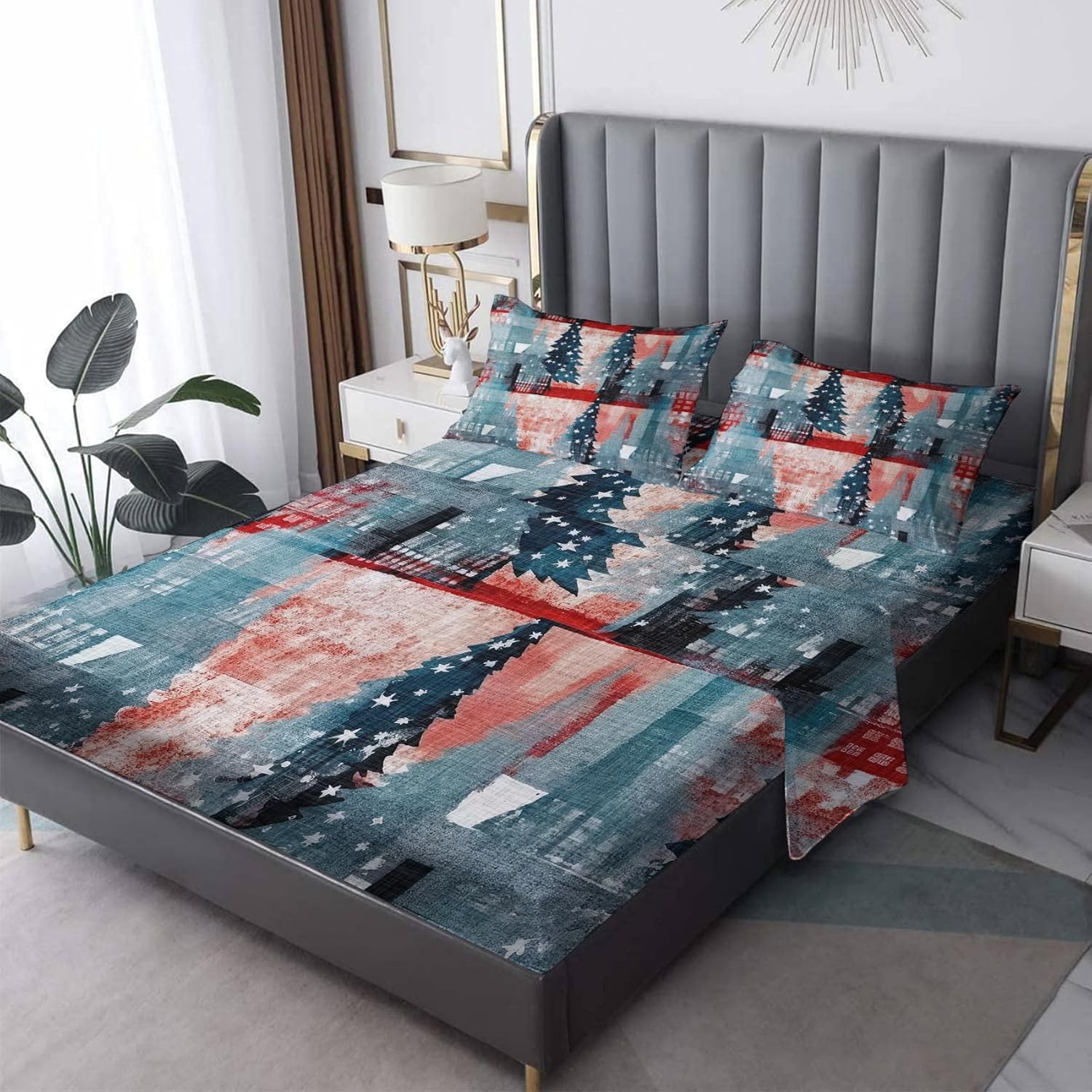 zcsm Sábanas para árbol de Navidad tamaño Queen  Sábanas de cama de Navidad, microfibra suave y bolsillo profundo, sábanas y fundas de almohada con