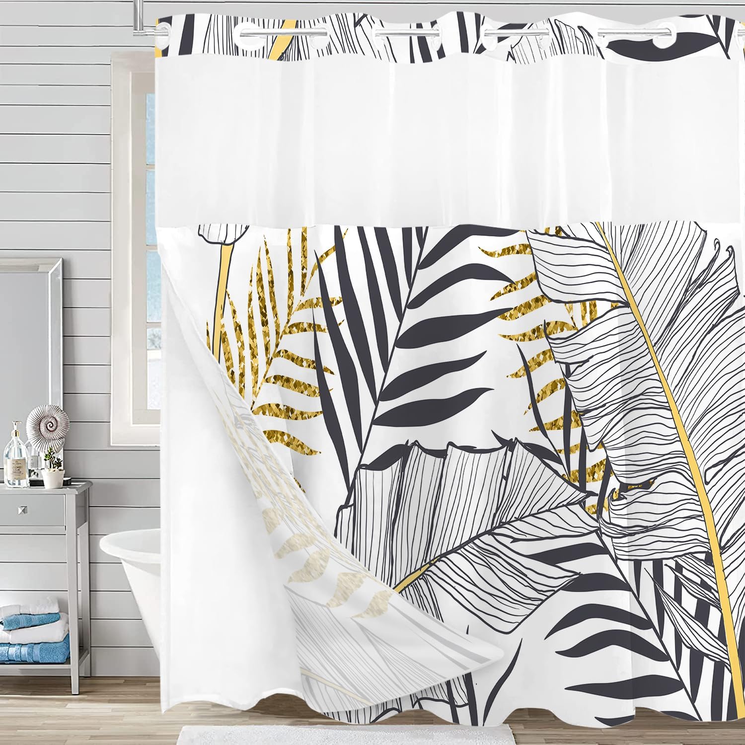 Sanzugh Cortina de ducha con forro a presión, diseño de hojas doradas, sin gancho, juego de cortinas de ducha de tela sin gancho para baño, cortina