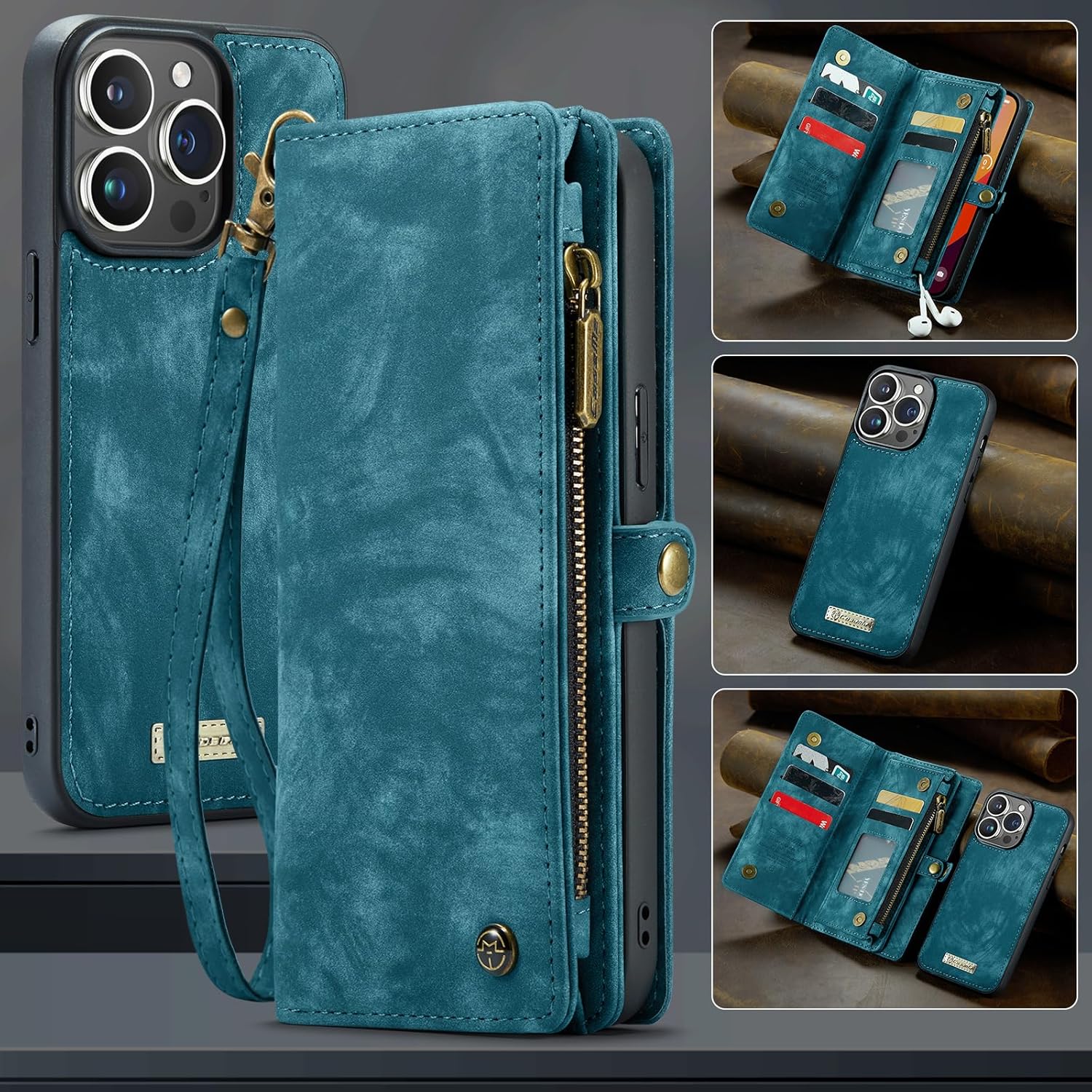 Kowauri Funda tipo cartera para iPhone 15 Pro, cartera de piel con cremallera y soporte para tarjetas, correa para la muñeca, desmontable,