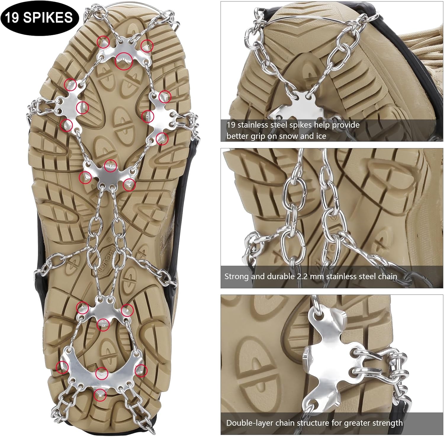 Crampons actualizado 19, spikes agarres para hielo y nieve de tracción, protección al caminar, trotar, senderismo, alpinismo sobre nieve y hielo.