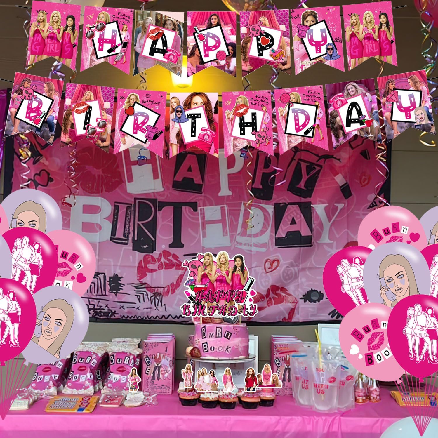 Mean Girls – Suministros para fiesta de cumpleaños, decoraciones de fiesta de cumpleaños de niñas con pancarta de feliz cumpleaños, decoración de