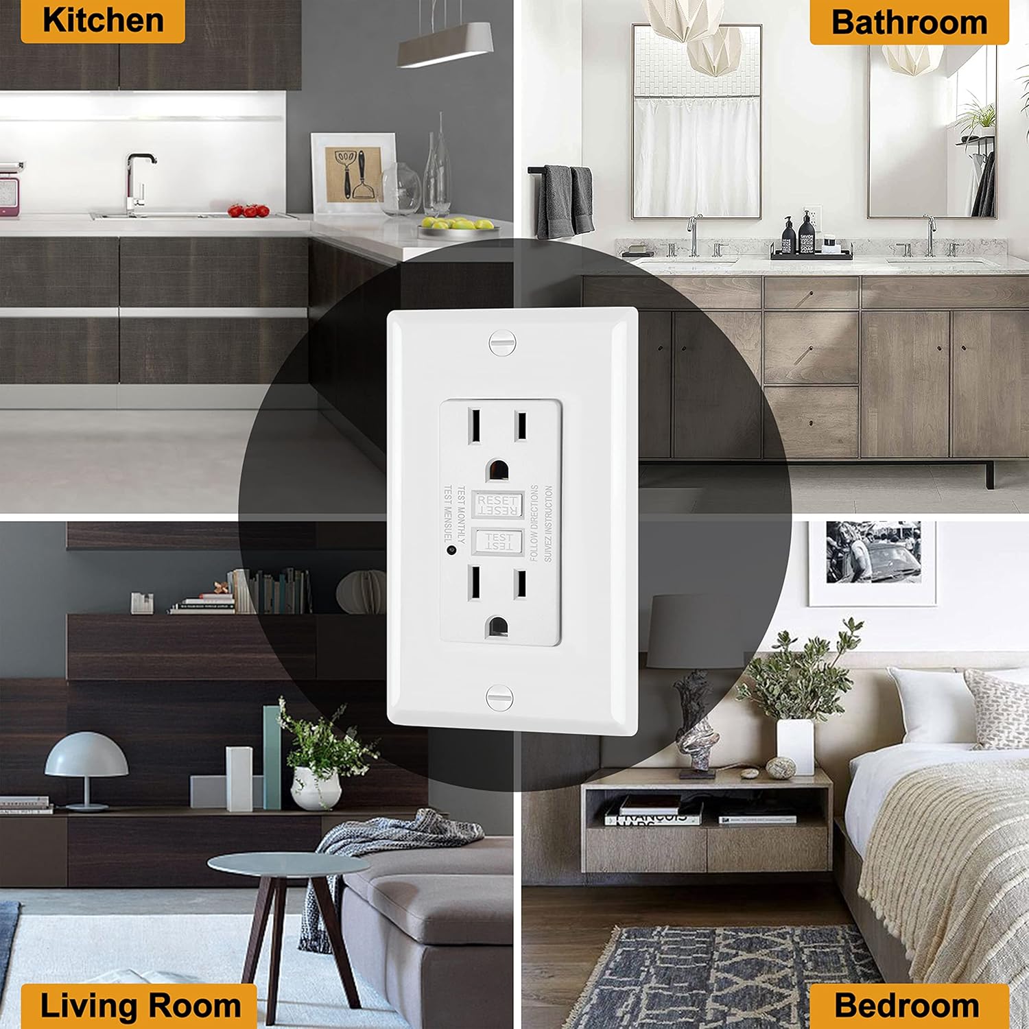 ELECTECK Paquete de 5 salidas GFCI de 15 amperios, no resistentes a manipulaciones, receptáculos GFI decorativos con indicador LED, interruptor de