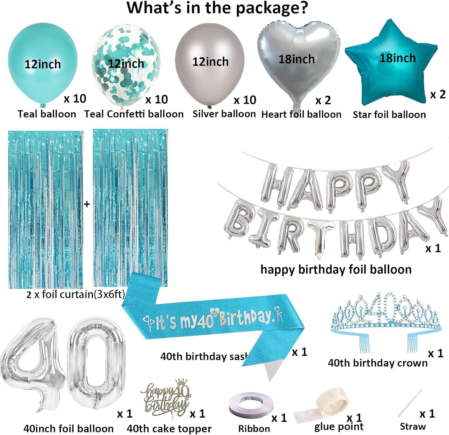 Decoraciones de cumpleaños número 40 para mujer, decoraciones de cumpleaños número 40 verde azulado y plateado, pancarta de feliz cumpleaños, banda