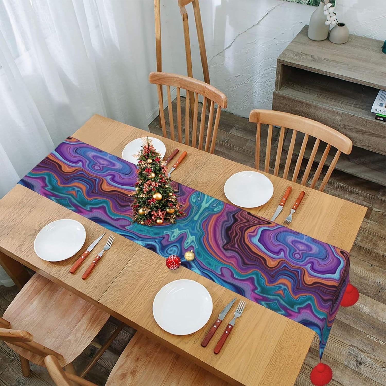 Camino de mesa de Navidad con acuarela de mármol líquido, decoración de mesa de comedor, decoración de Navidad, decoración de interiores del hogar,
