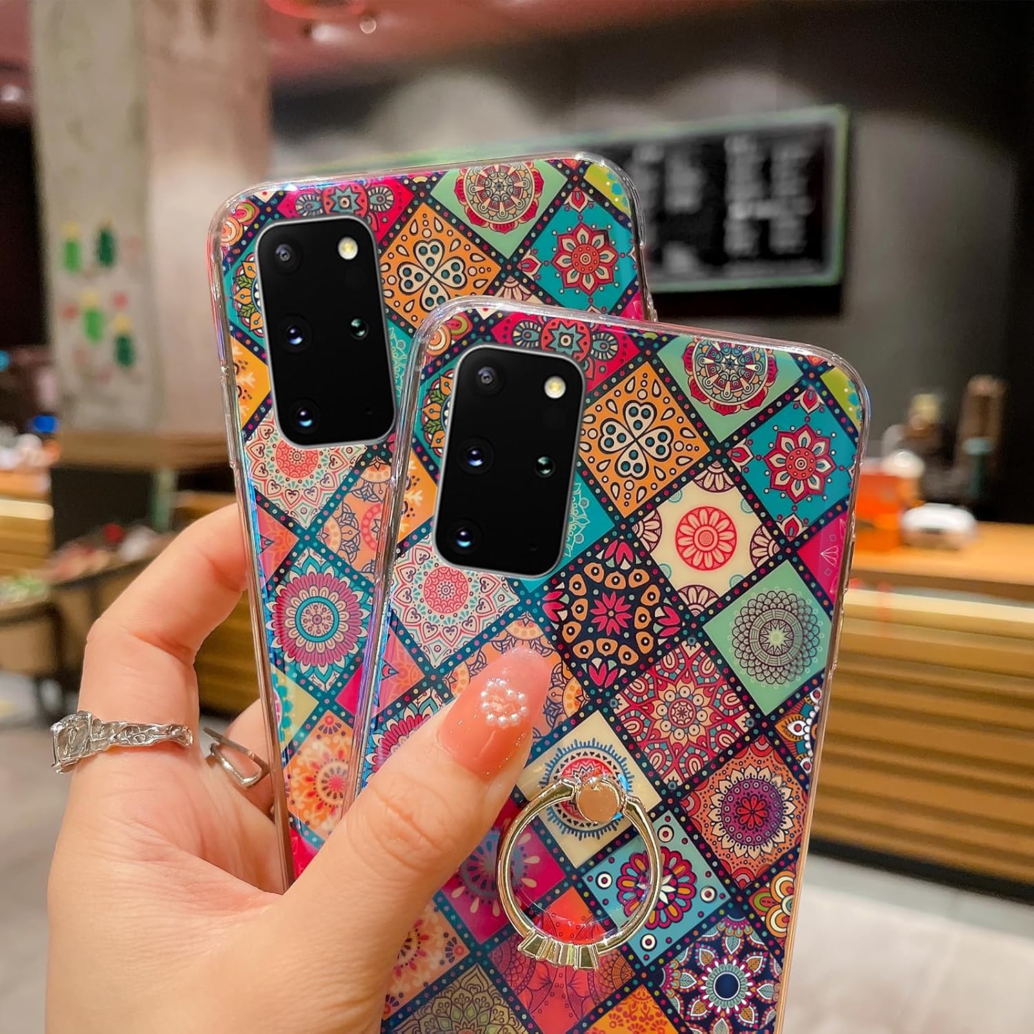 Funda para teléfono Samsung Galaxy S20 Plus con soporte de anillo dorado para niñas y mujeres, linda flor étnica, estilo retro, floral, delgada, a