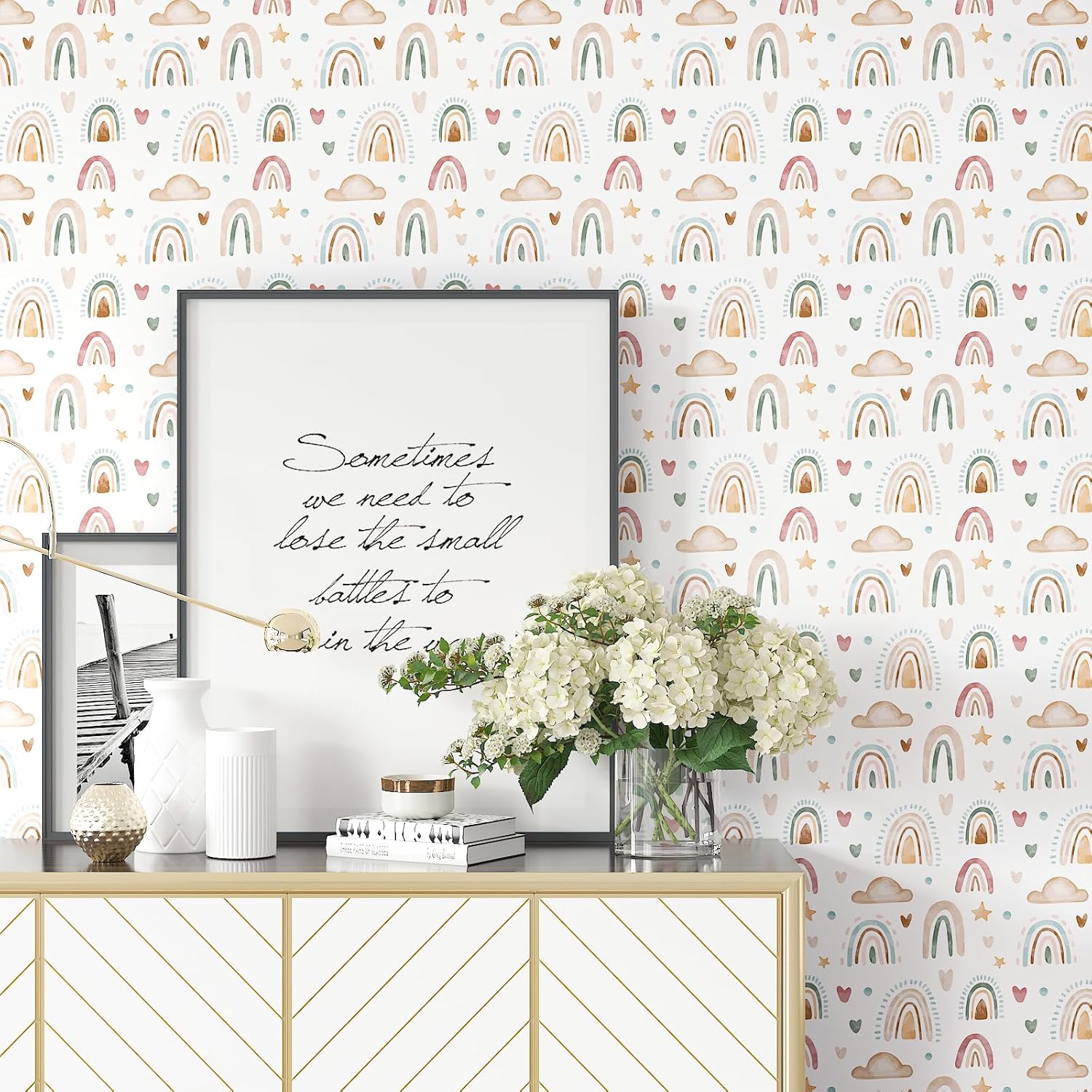 Papel tapiz bohemio con diseño de arco iris, diseño de acuarela, arcoíris, para niños, diseño de nube, corazón, estrella, extraíble, autoadhesivo,