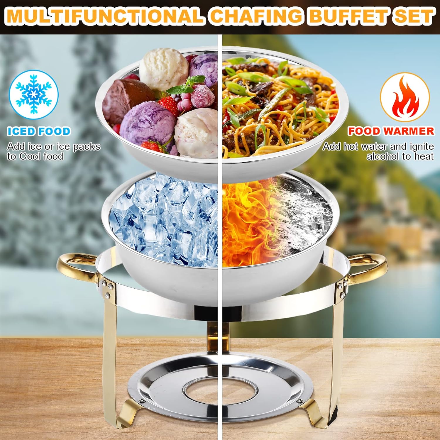 Juego de 6 platos de buffet con 6 pinzas, juego de calentador de alimentos de acero inoxidable, 3.7 cuartos de galón de capacidad redondo con tapa
