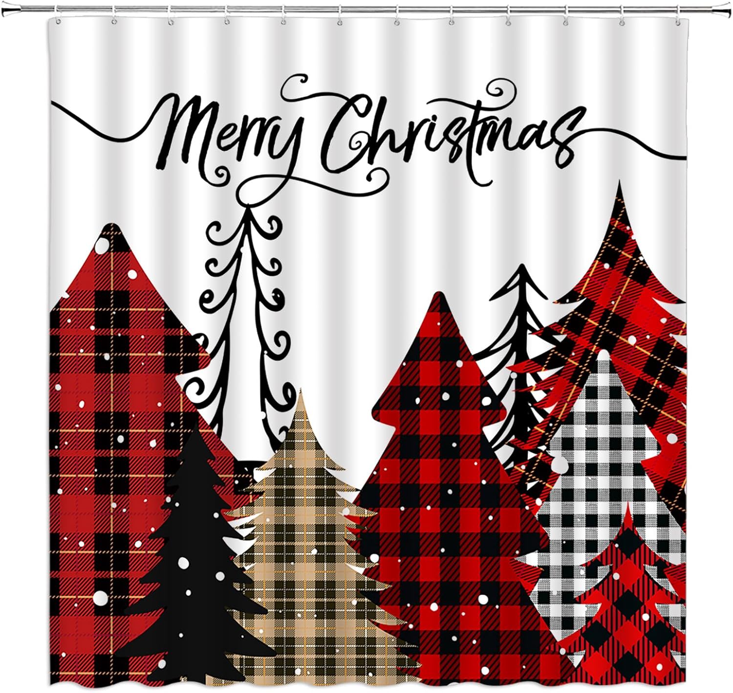 ZKJSMGS Cortina de ducha para árbol de Navidad, pino de Navidad, diseño de copos de nieve a cuadros rojo y negro, diseño de copos de nieve para