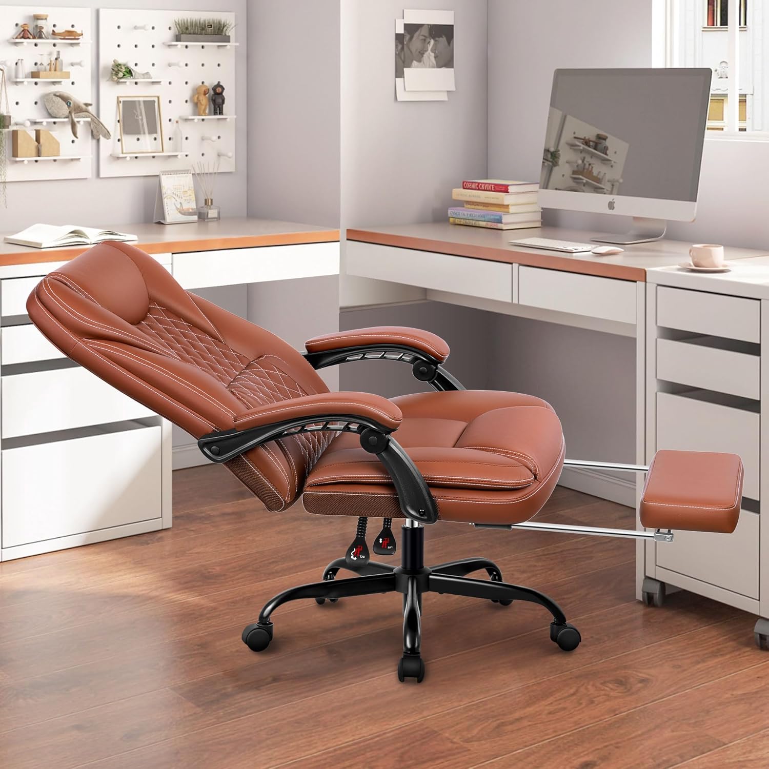 Guessky Silla de oficina ejecutiva, silla de oficina reclinable de cuero grande y alta con reposapiés, respaldo alto, silla de escritorio de oficina