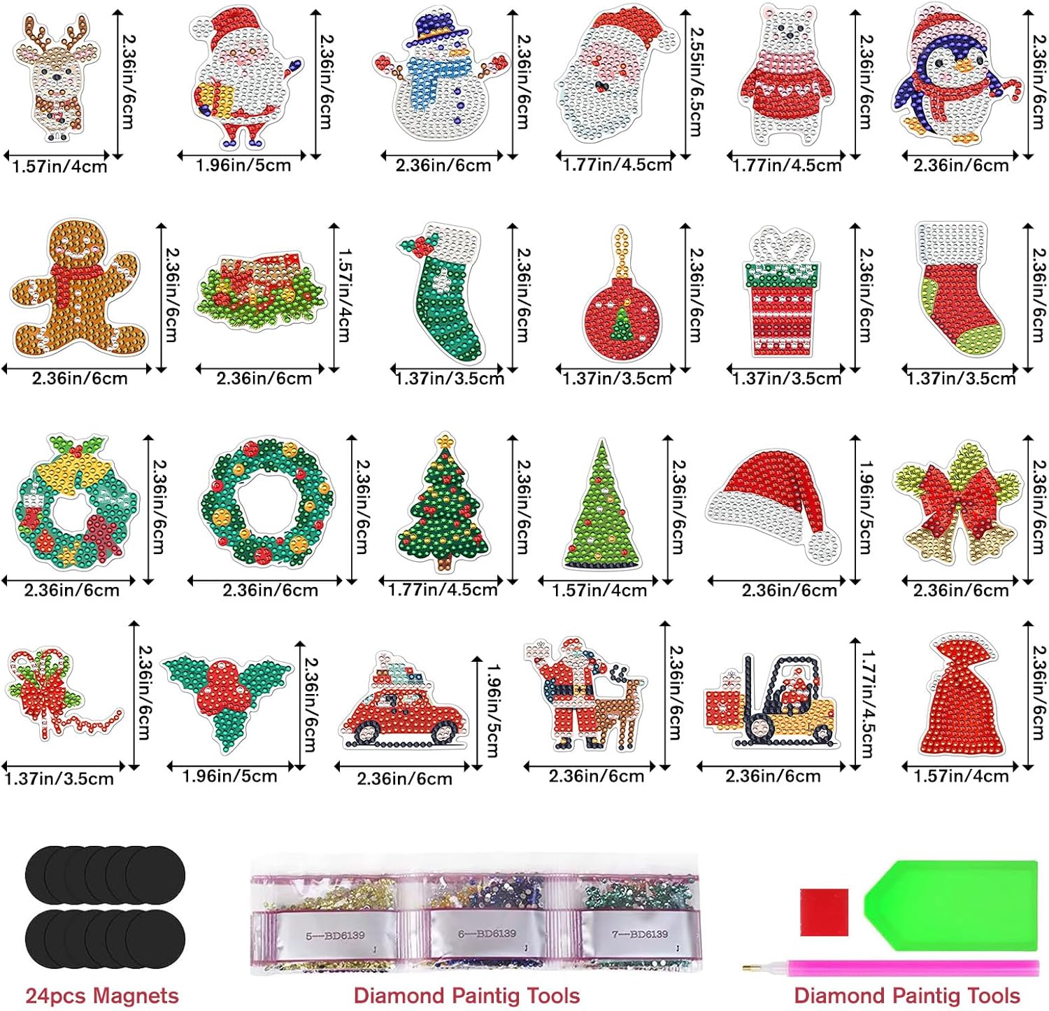 LIANHE – 24 imanes de pintura de diamantes de Navidad, kits de pintura de diamantes para nevera para adultos, niños pequeños, imanes de refrigerador