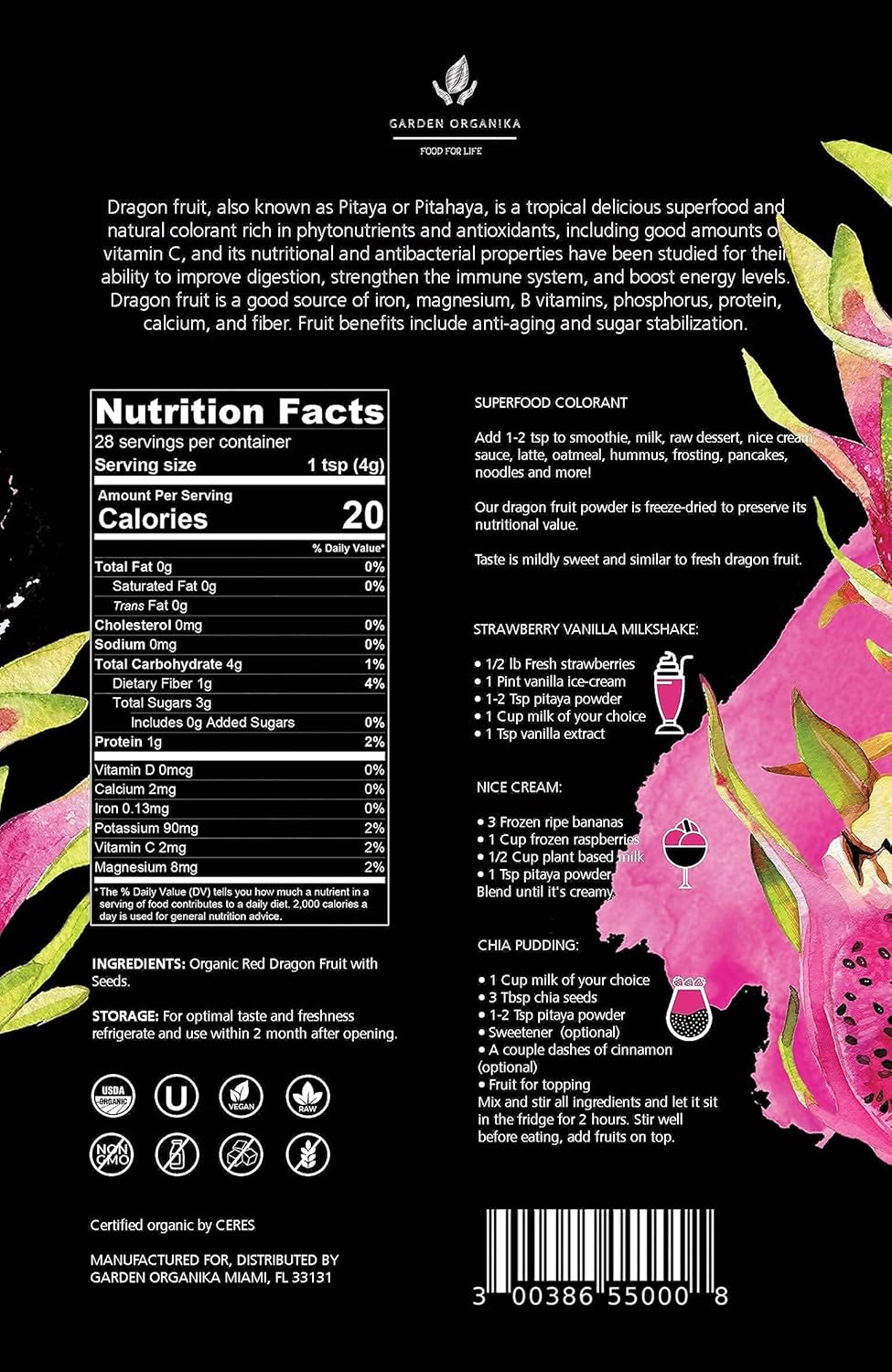 Polvo de frutas secas de dragón orgánico, Pitaya rosa, Pitahaya, 3.99oz