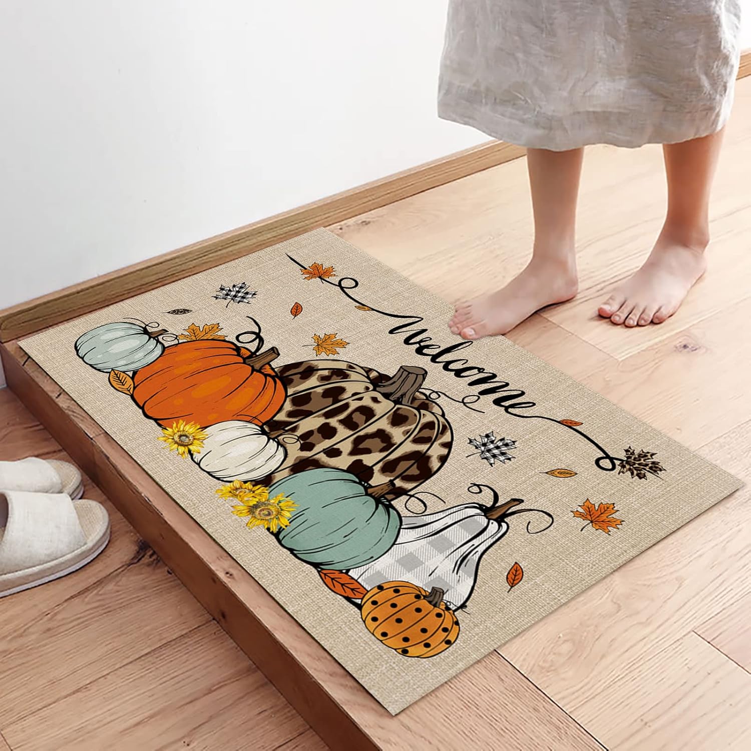Tapete de calabaza de Acción de Gracias, tapete de bienvenida con diseño de leopardo, diseño de calabaza, hojas de arce, tapete antideslizante para