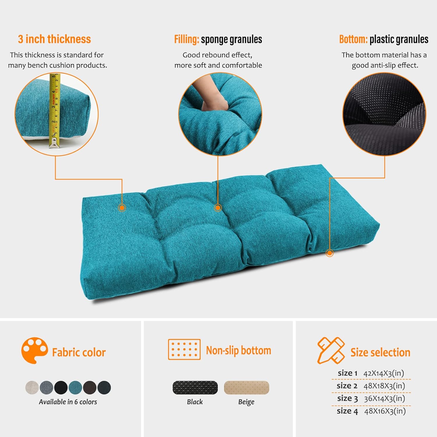 RULAER Cojín de banco copetudo para interiores y exteriores, 42 x 14 pulgadas, para muebles de patio, cojines de asiento suaves y cómodos para