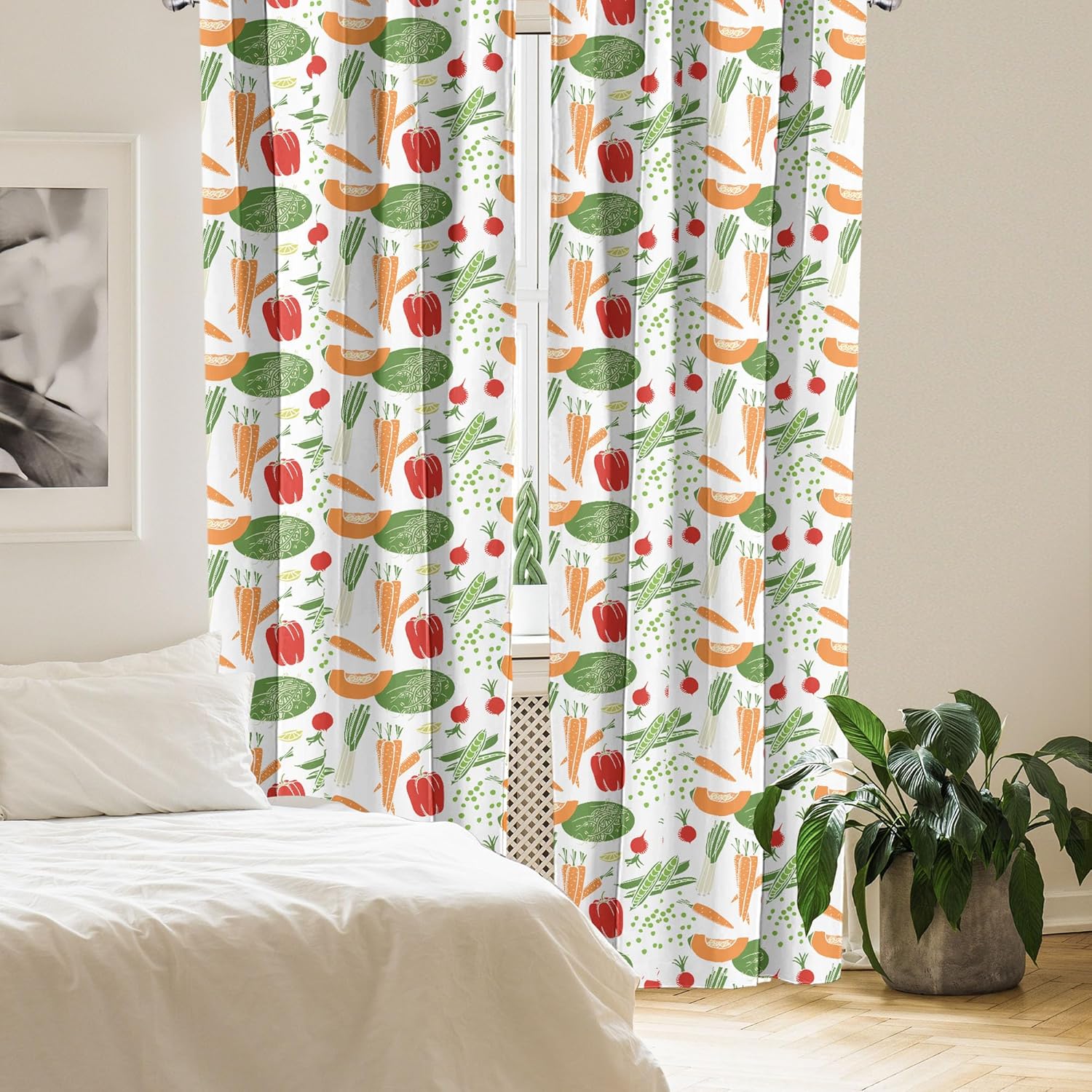Ambesonne Cortinas vegetales, diseño de dibujos animados, patrón de alimentos con zanahoria, pimienta, soja, calabaza, rebanada y guisante,