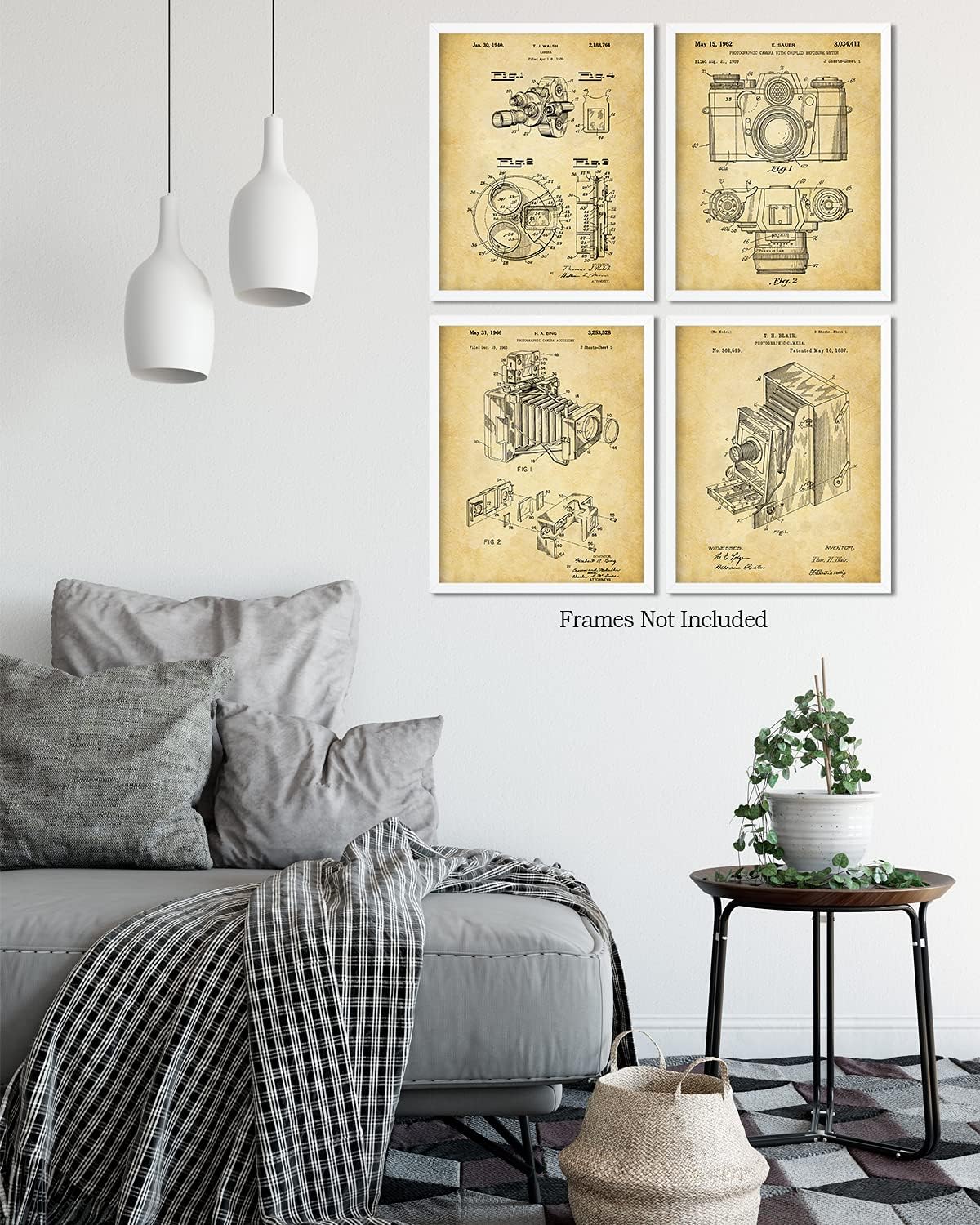 Govivo Patente de cámara antigua un conjunto de cuatro patentes de equipos de fotografía para decoración de pared impresiones con fondos sepia,