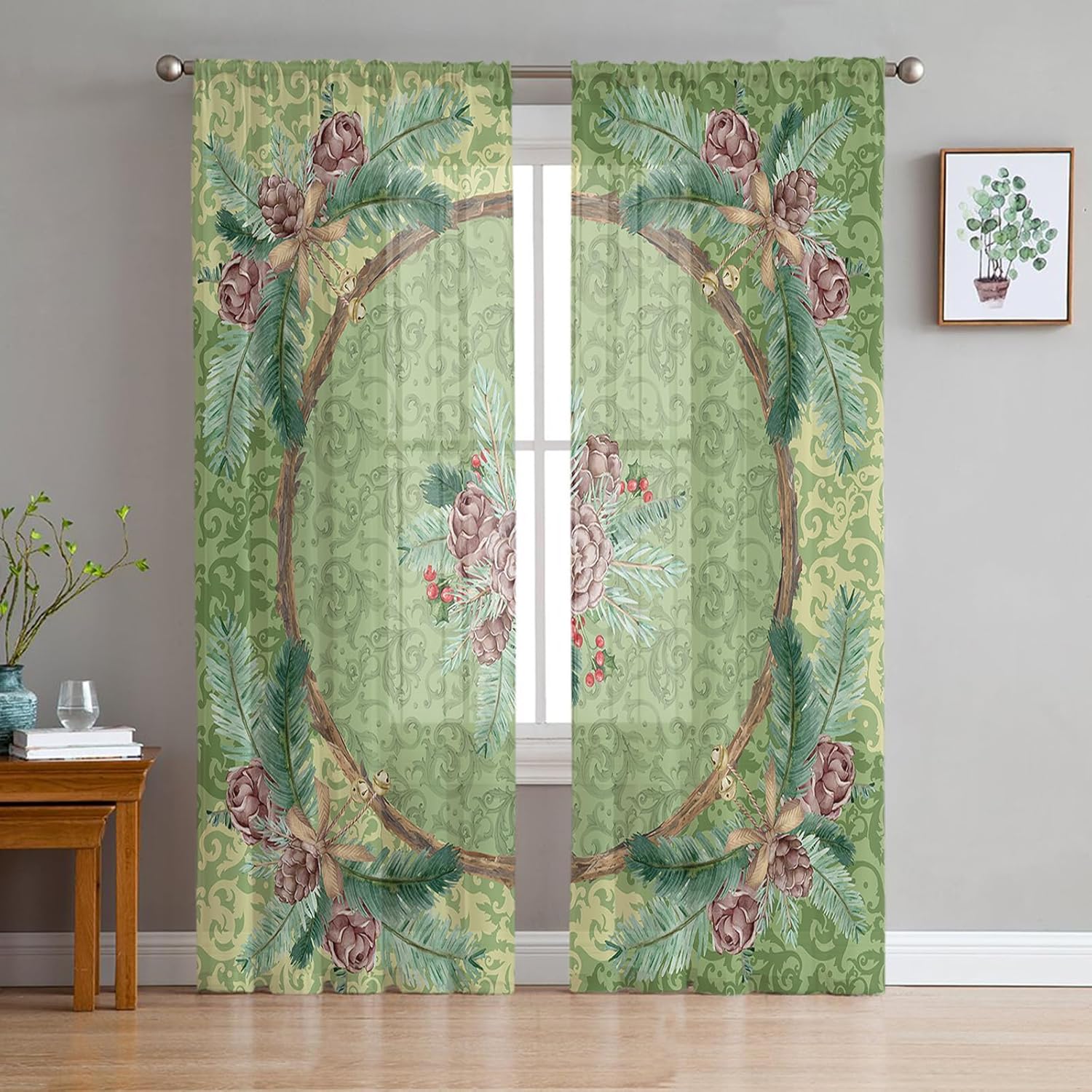 2 cortinas de gasa semitransparentes de Navidad verdes de 96 pulgadas de largo, paneles de cortina de gasa con bolsillo para barra, cortinas