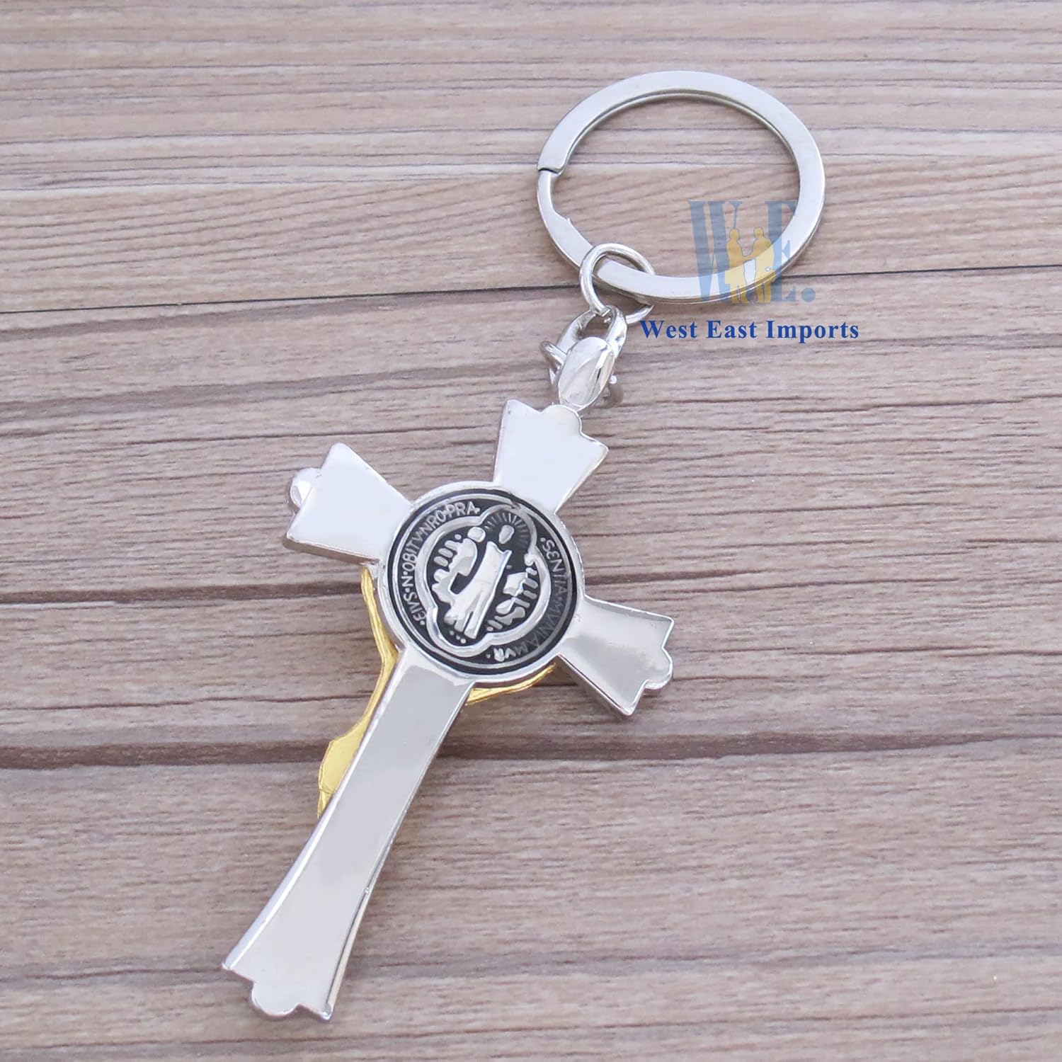 12 llaveros de San Benito para el bautismo, primera comunión, religioso, católico, regalo para escuela dominical, crucifijo de dos tonos, plata y
