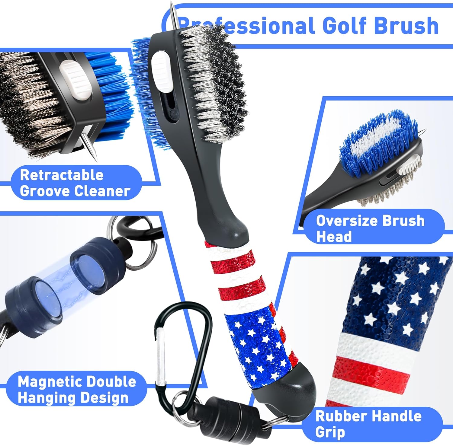 Golf Club Brush and Amercian Flag Golf Towels, Golf Groove Cleaner Cleaning kit, Golf Accessories Cleaner Tool with Strong Magnet Stick to Golf