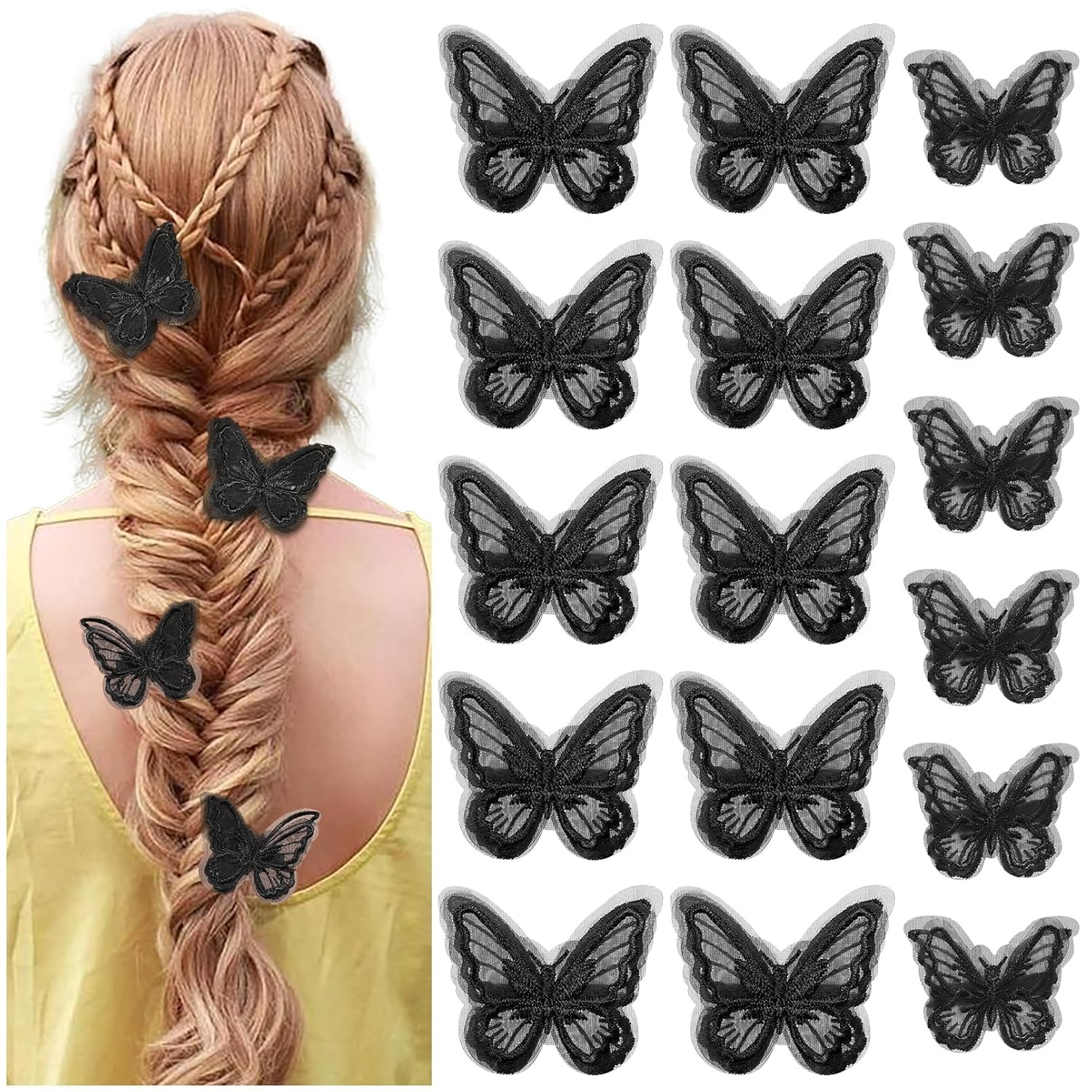 DEEKA 16 pinzas para el cabello de mariposa negra, 2 tamaños, encaje bordado, hechas a mano, pinzas para el cabello de boda, pasador, accesorios