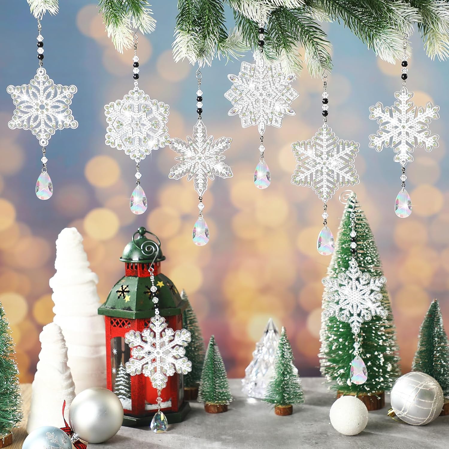Uiifan 8 piezas de adornos de pintura de diamantes de copos de nieve, pintura de diamantes de Navidad, campanillas de viento, kits de arte de