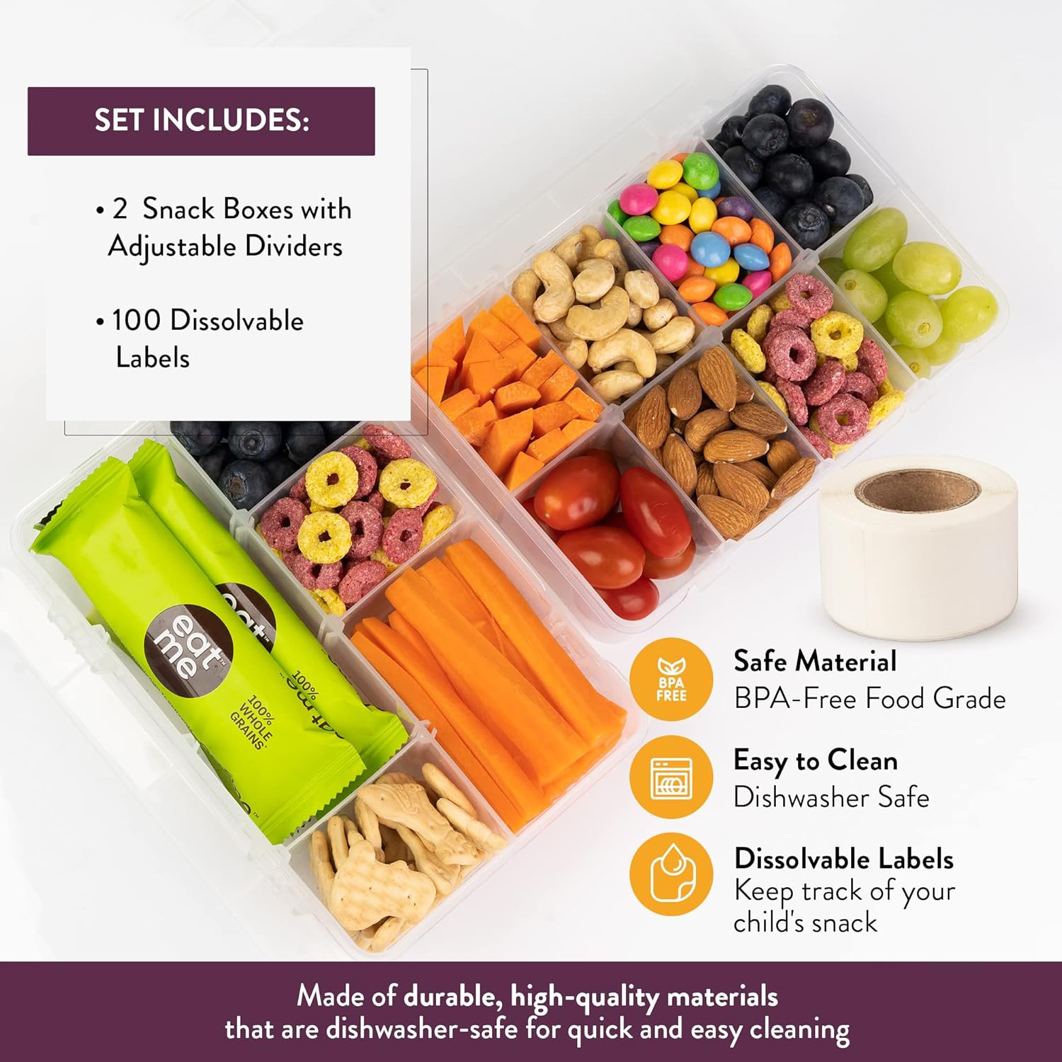 Juego de cajas de aperitivos para niños, 8 compartimentos, solución reutilizable para aperitivos con 100 etiquetas solubles, fácil de limpiar, apto