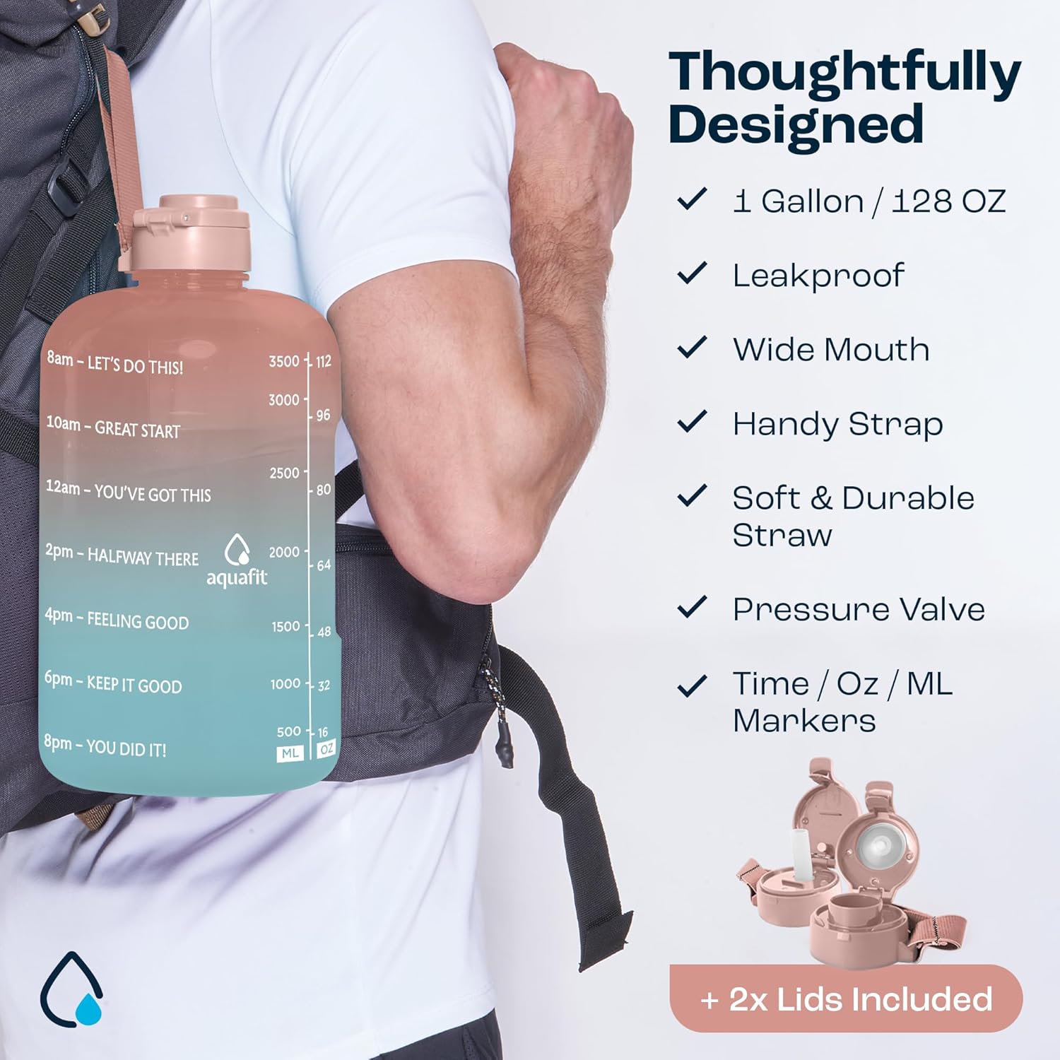 AQUAFIT Botella de agua de 1 galón con marcador de tiempo, botella de agua de 128 onzas con popote, botella de agua para el gimnasio, botella de