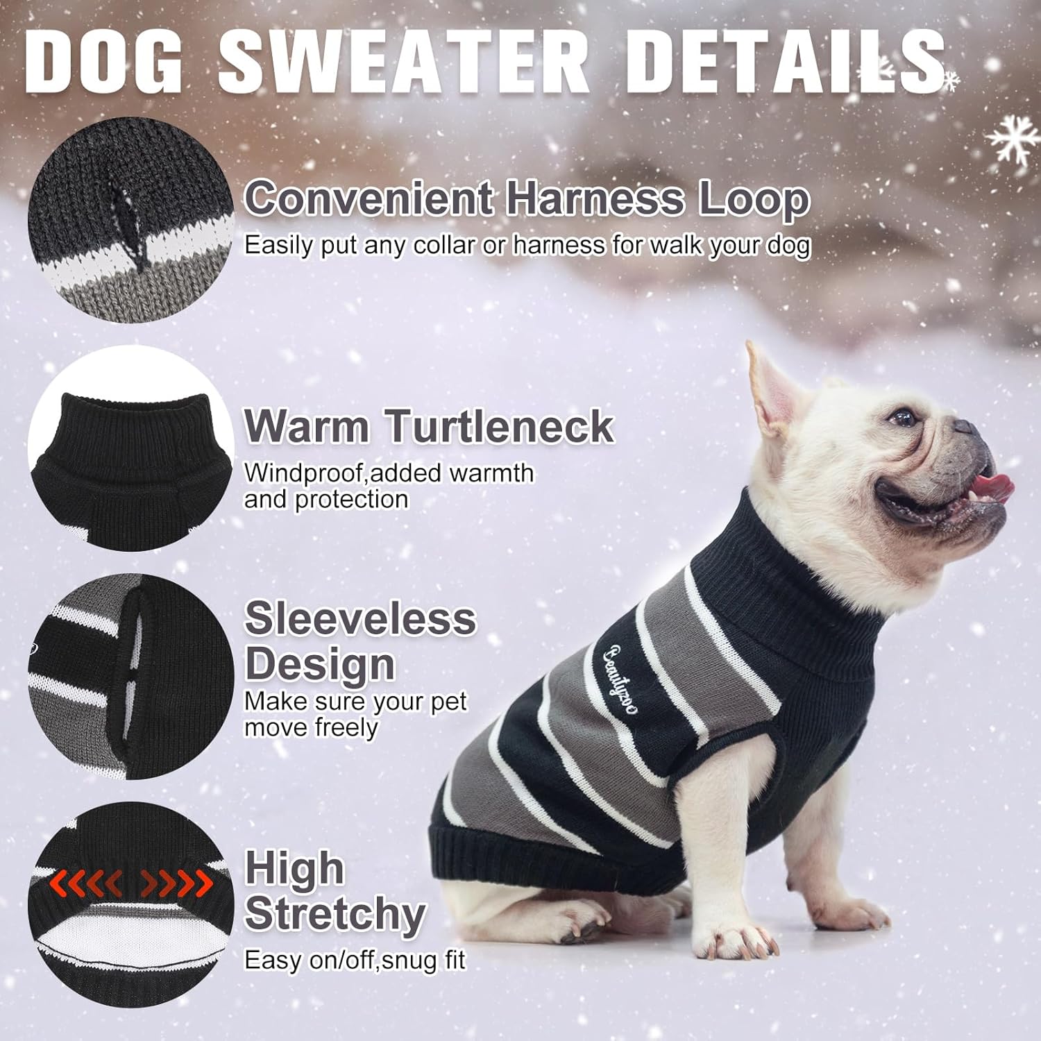 BEAUTYZOO Suéter para perros pequeños, suéteres a rayas para mascotas, ropa de perro de otoño e invierno, suéter de punto de cuello alto para perros