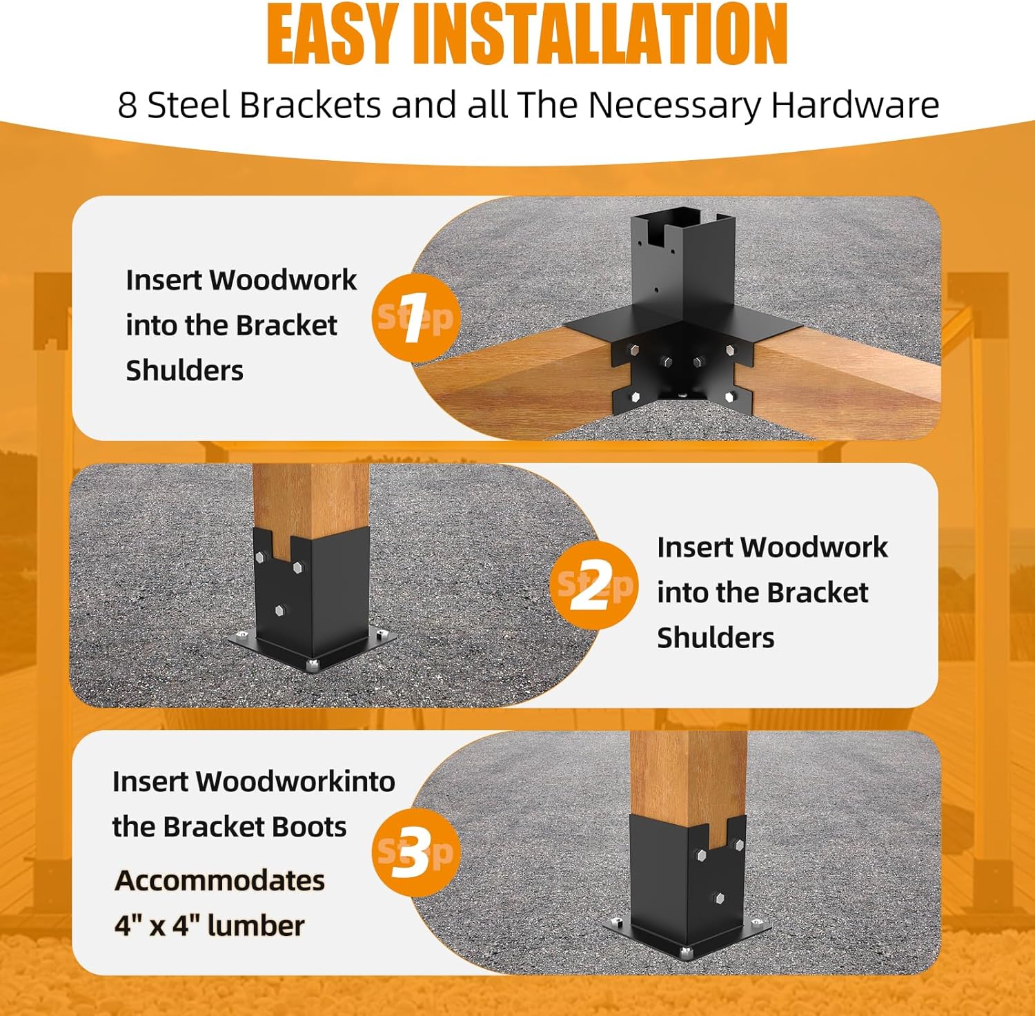 Likeem Kit de pérgola, calibre 12, resistente, 6 x 6 pulgadas, soporte de madera elevada, incluye 4 hombros de soporte, 4 botas para pérgola de
