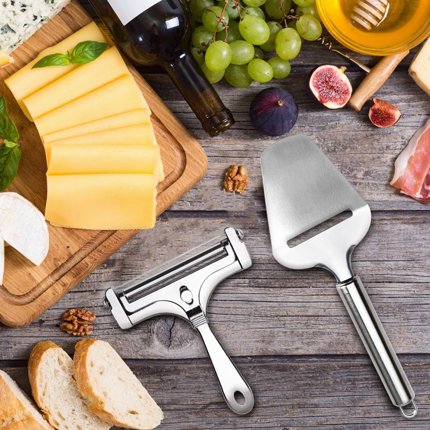 Paquete de 2 rebanadoras de queso de acero inoxidable con cortador de queso plano, cortador de queso de grosor ajustable con 8 cables adicionales