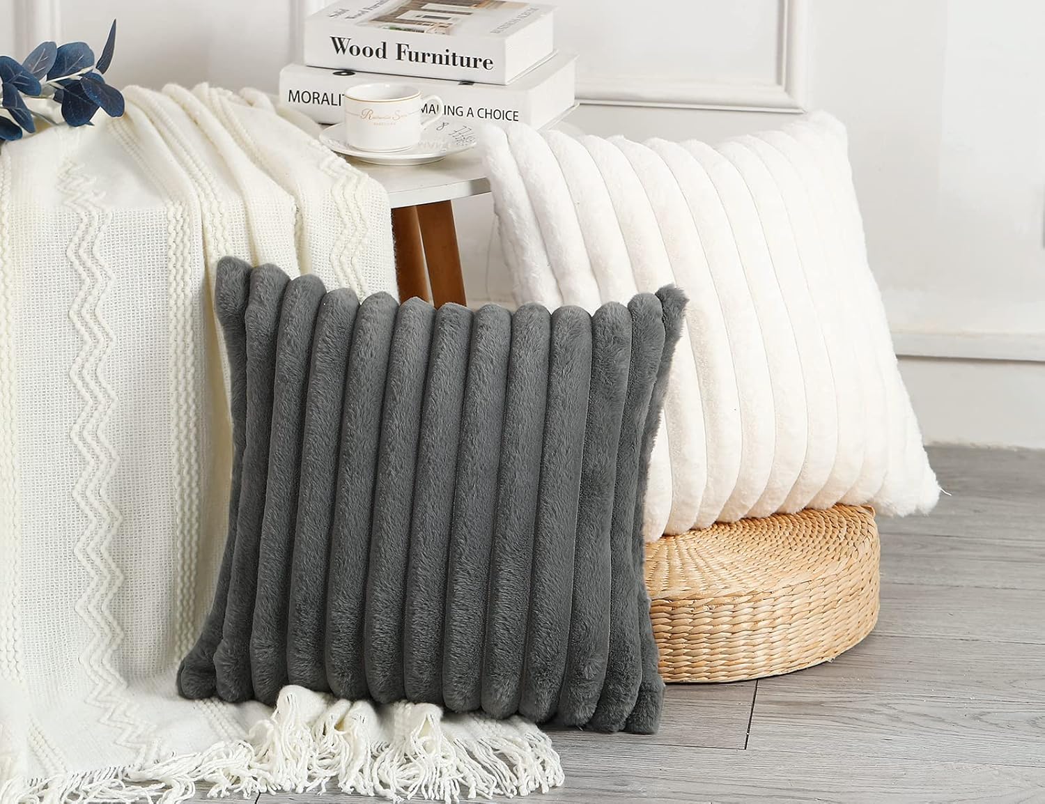 PANOD Juego de 2 fundas de almohada decorativas de piel sintética de 18 x 18 pulgadas, color gris, lujosas fundas de almohada modernas y bohemias