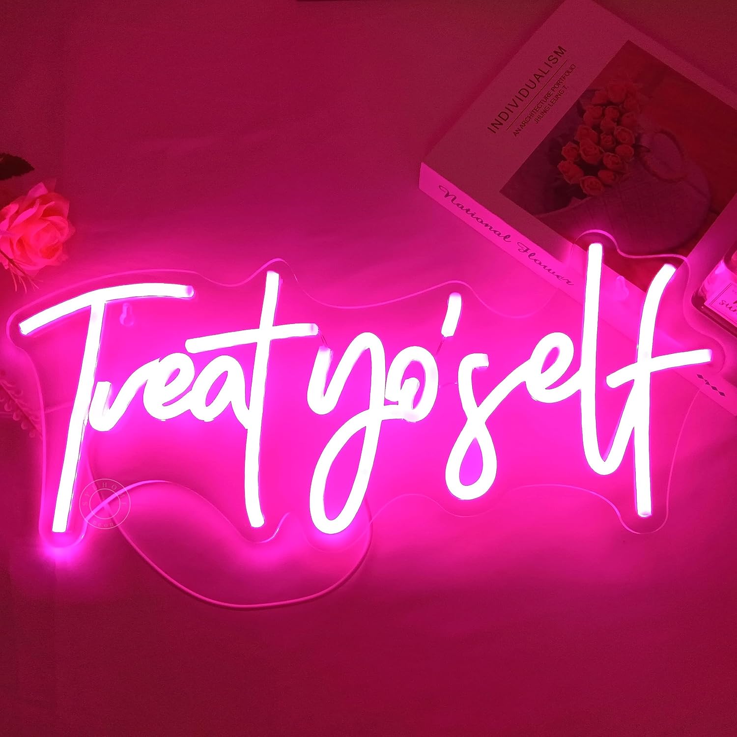 Letrero de luz LED de neón rosa con texto en inglés “Treat Yourself”, para dormitorio, habitación de los niños, sala de estar, decoración de pared,